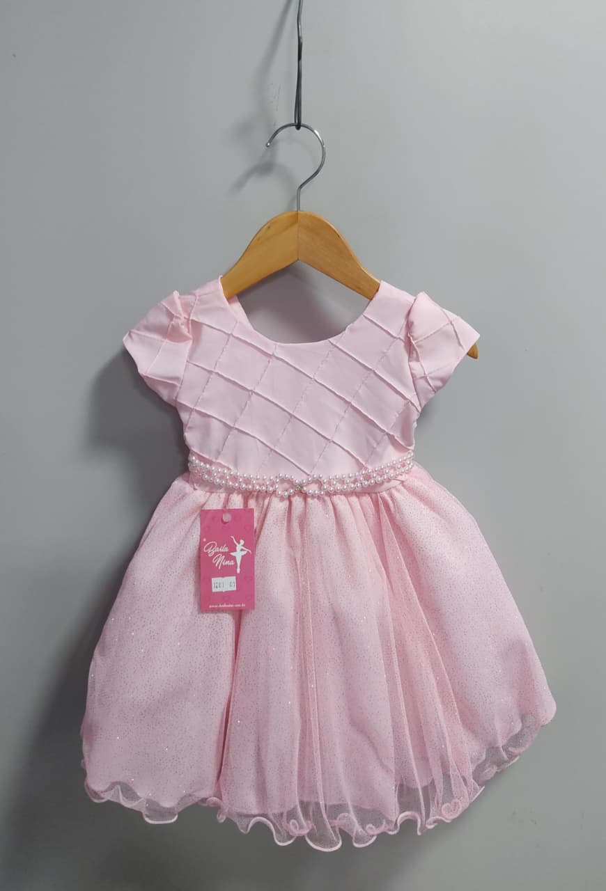 Vestido Infantil Rosa Claro C/ Busto Nervura Daminhas Festas