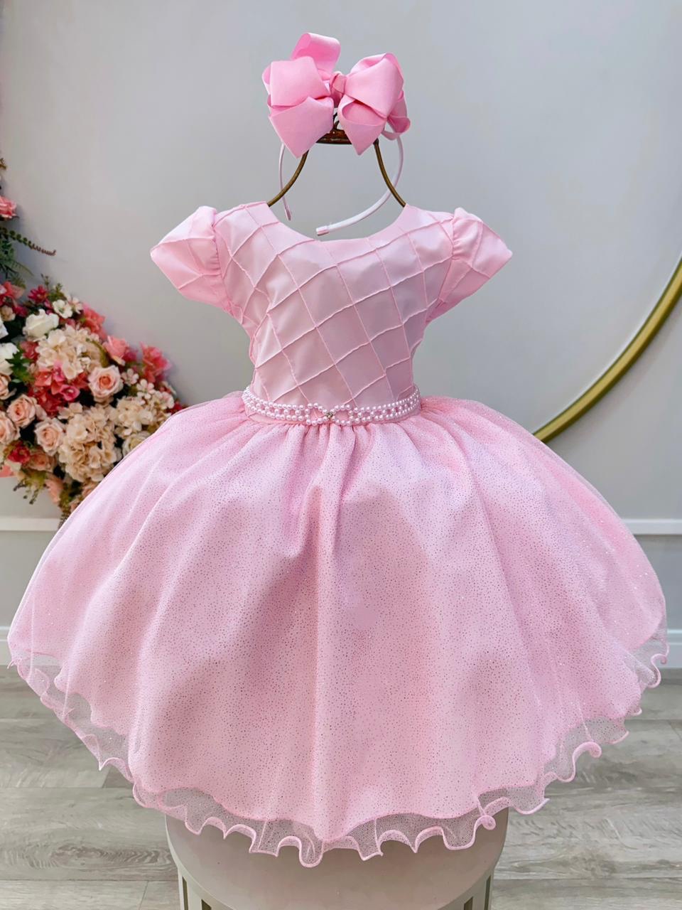 Vestido Infantil Rosa Claro Busto Nervura Festas Daminhas