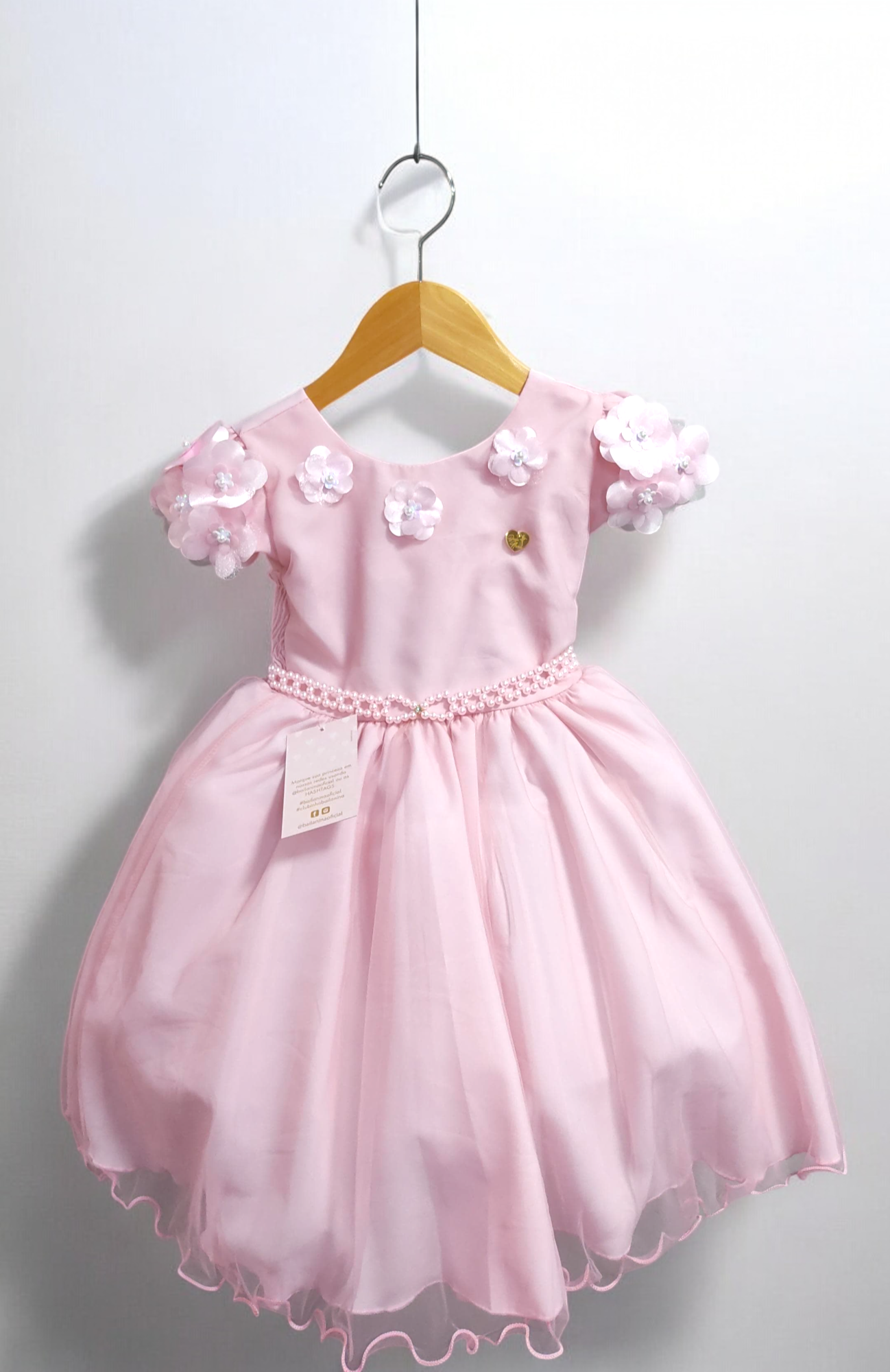 Vestido Infantil Rosa Claro Com Apliques de Flores Daminha