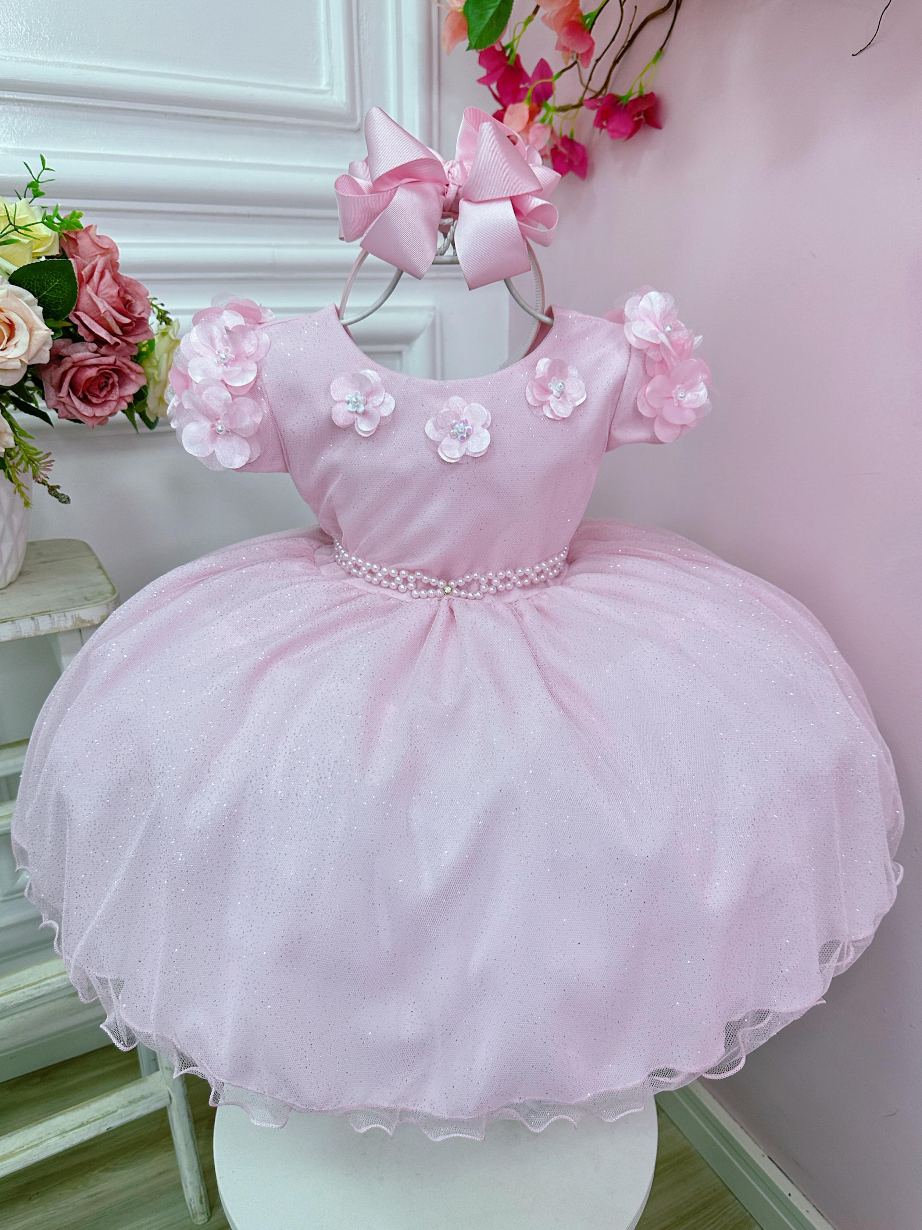 Vestido Infantil Rosa Claro Com Apliques de Flores Daminha