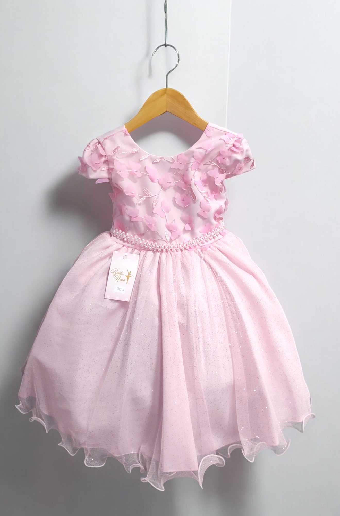 Vestido Infantil Rosa Claro Saia C/ Glitter e Apliques Flores