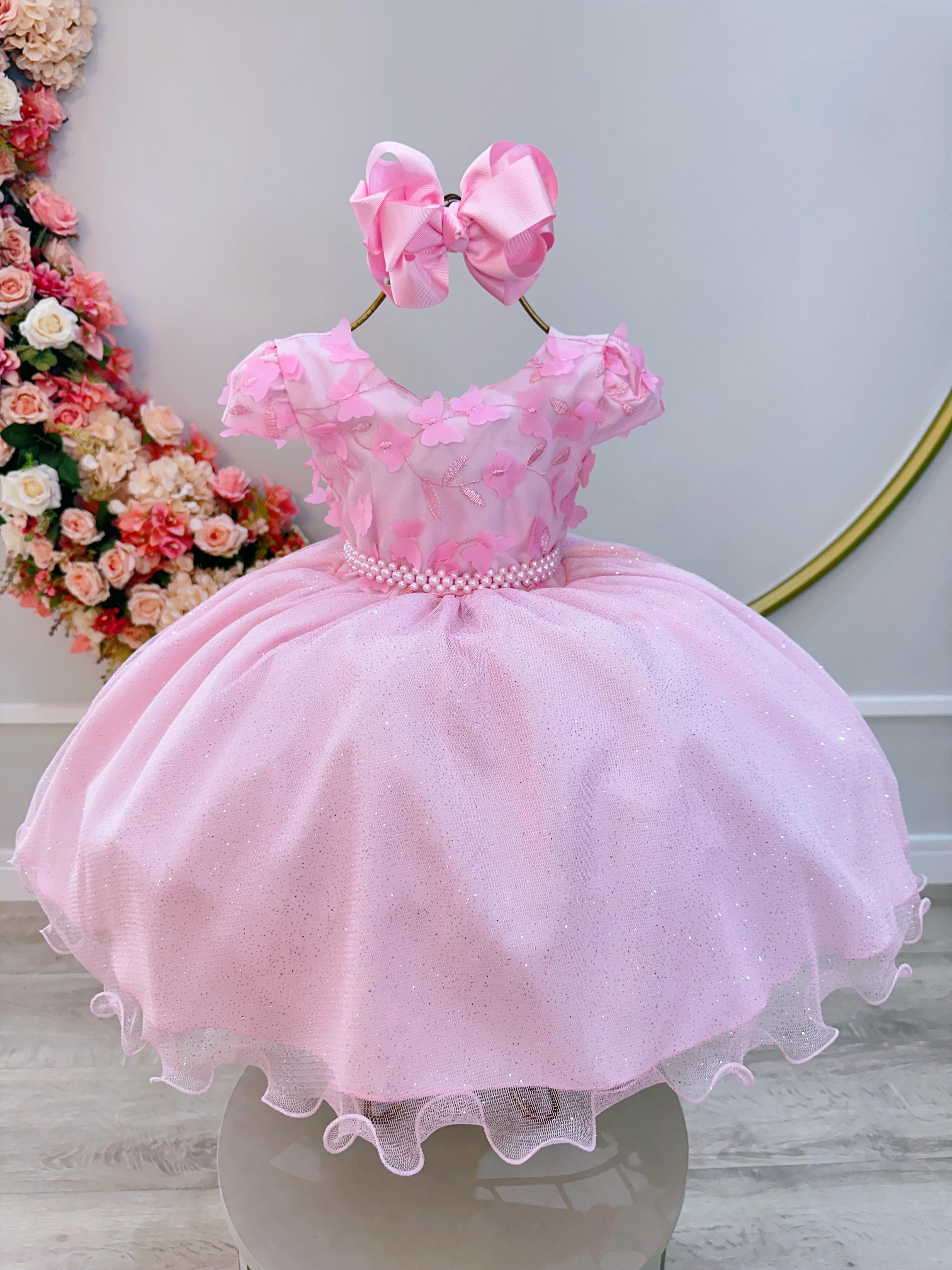 Vestido Infantil Rosa Claro Saia C/ Glitter e Apliques Flores