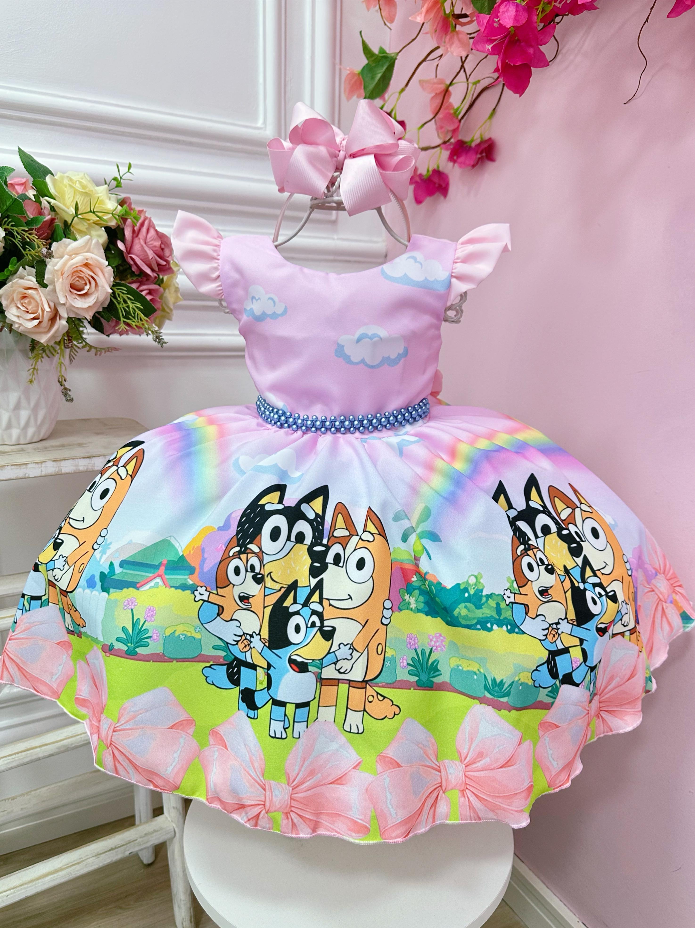 Vestido Infantil Rosa Desenho Bluey Colorido Disney Festas