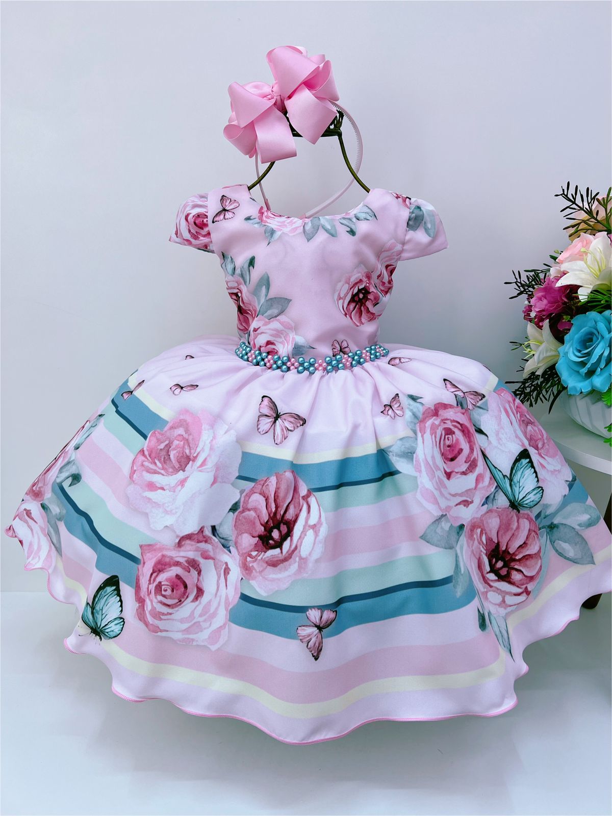 Vestido Infantil Rosa Flores Jardim das Borboletas Pérolas