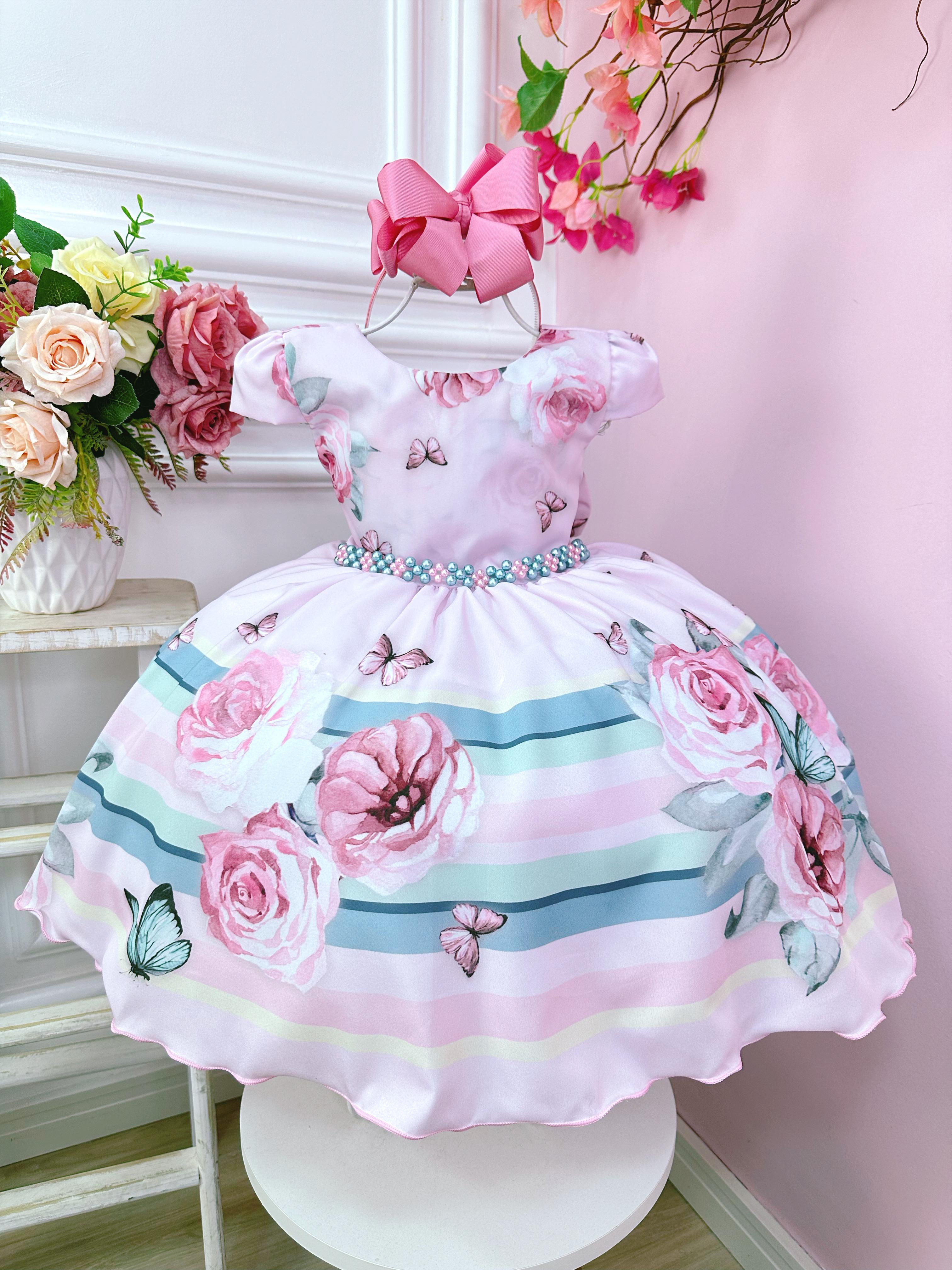 Vestido Infantil Rosa Flores Jardim das Borboletas Pérolas