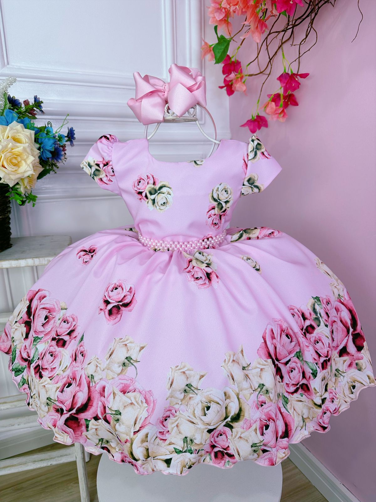 Vestido Infantil Rosa Florido Primavera Com Cinto de Pérolas