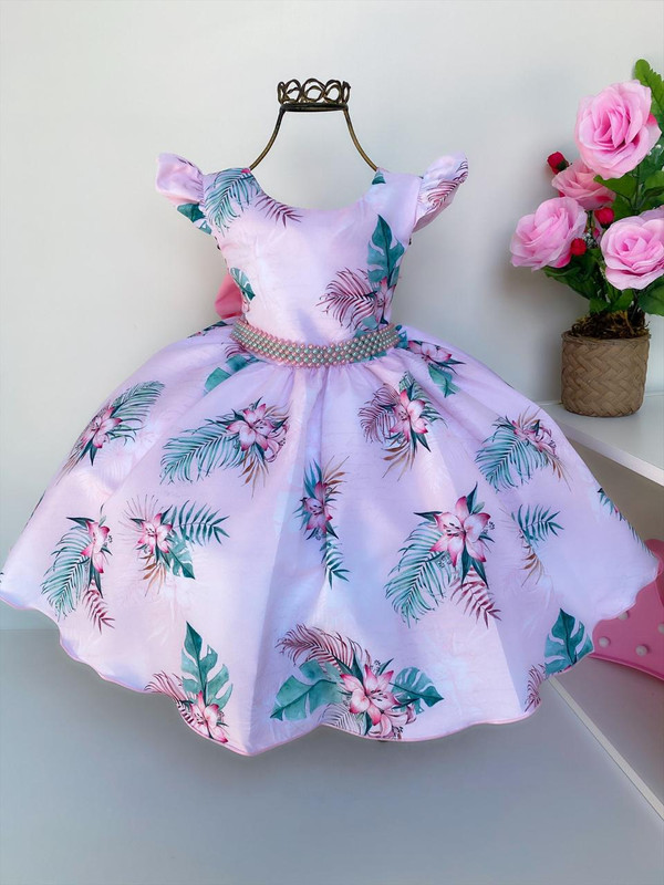 Vestido Infantil Rosa Ramos de Flores Luxo Festas