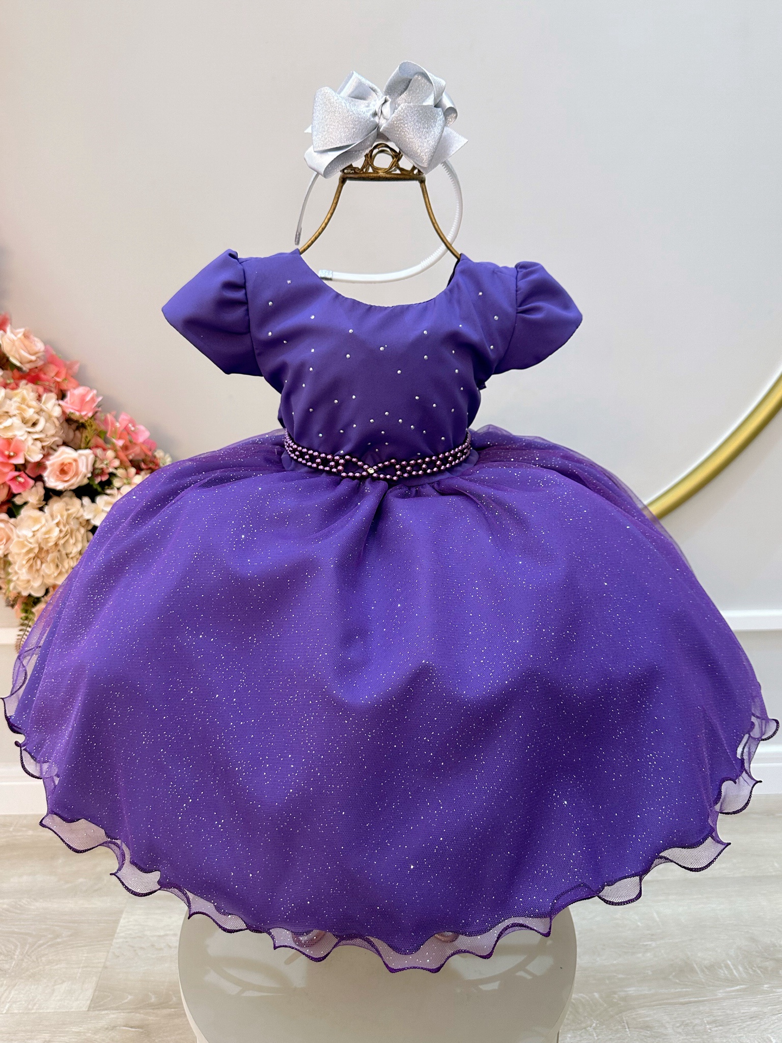 Vestido Infantil Roxo Busto C/ Strass e Saia com Glitter