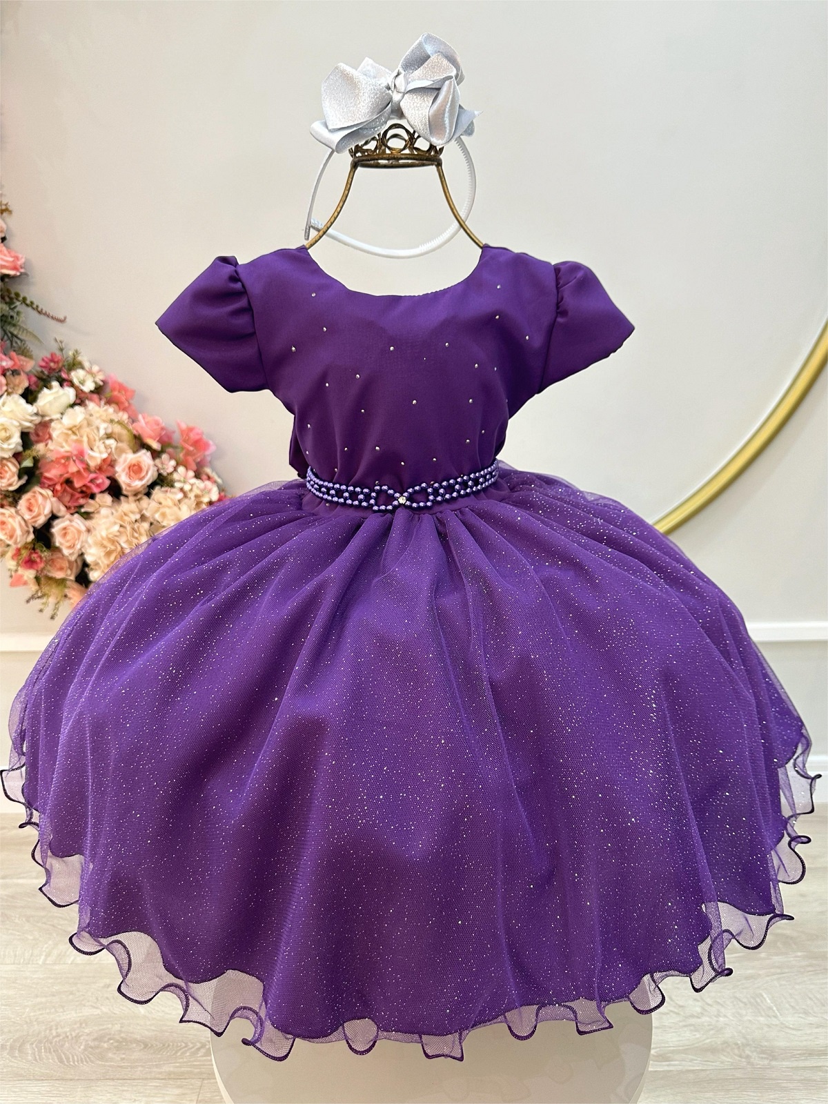Vestido Infantil Roxo Busto C/ Strass e Saia com Glitter
