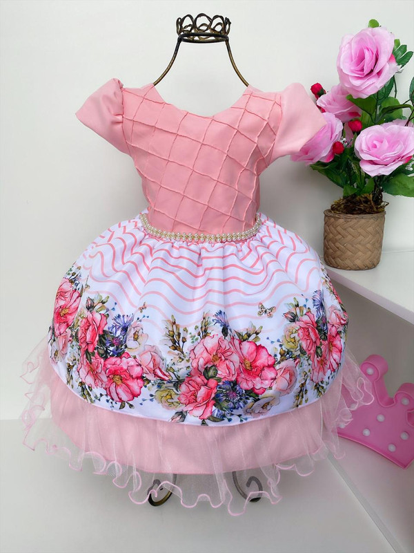 Vestido Infantil Salmão Floral Luxo Pérolas