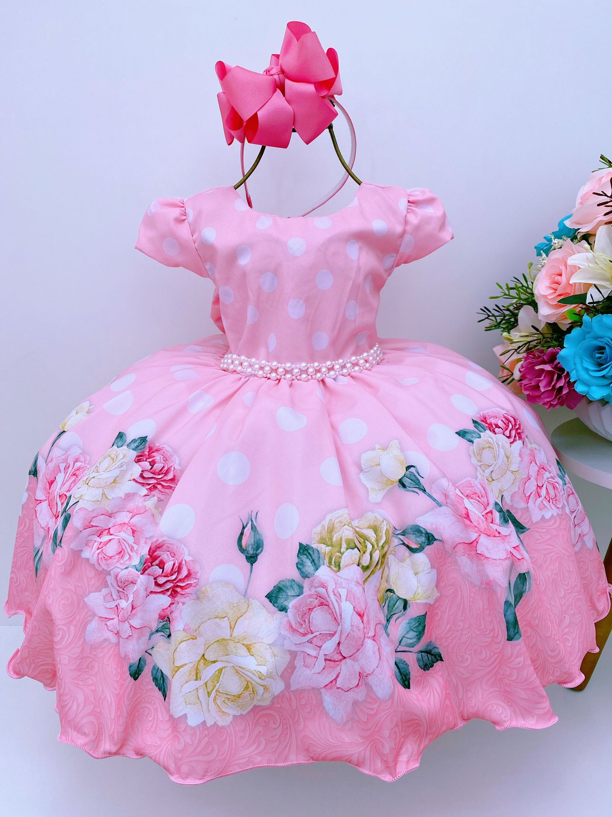 Vestido Infantil Salmão Floral Poá Luxo Floristas Festas