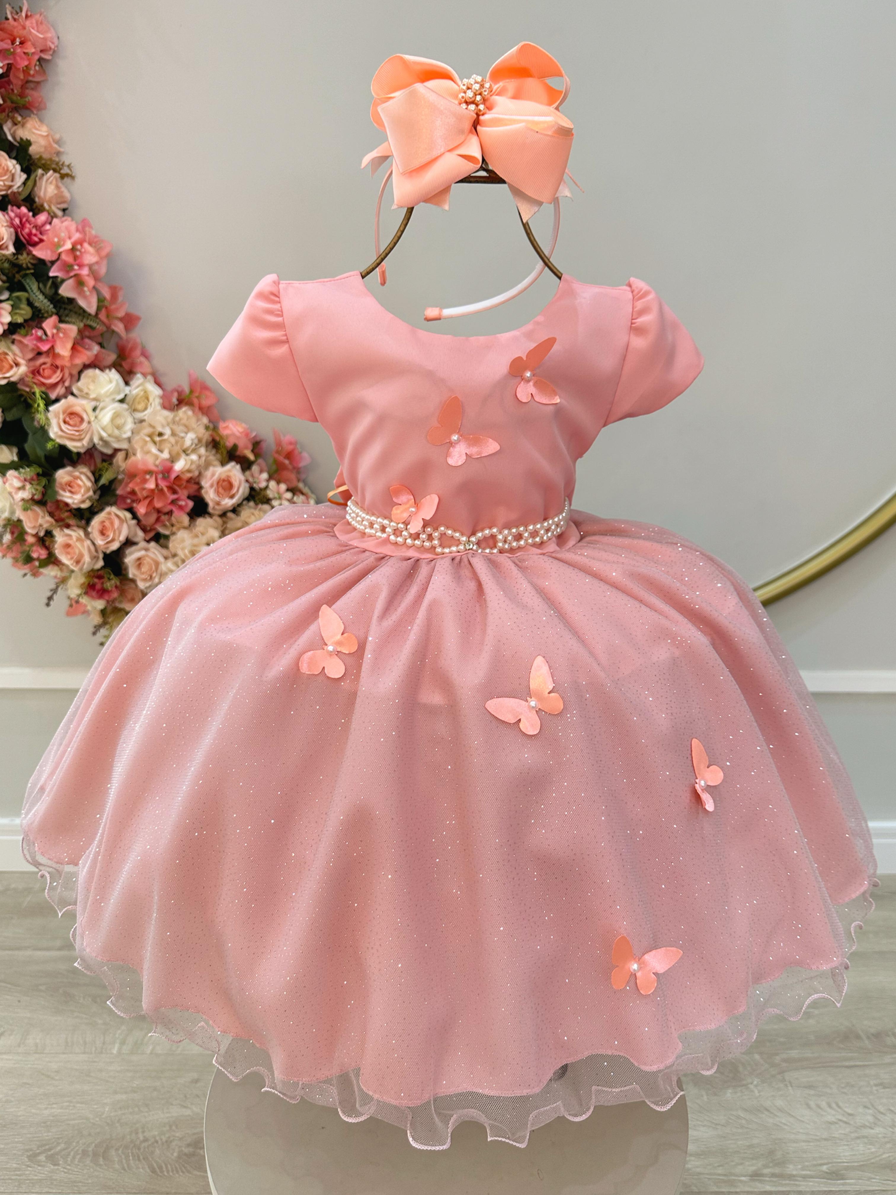 Vestido Infantil Salmão Jardim Encantado Festas Luxo