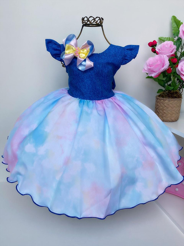 Vestido Infantil Tay Day Peito Jeans Laço e Pérolas