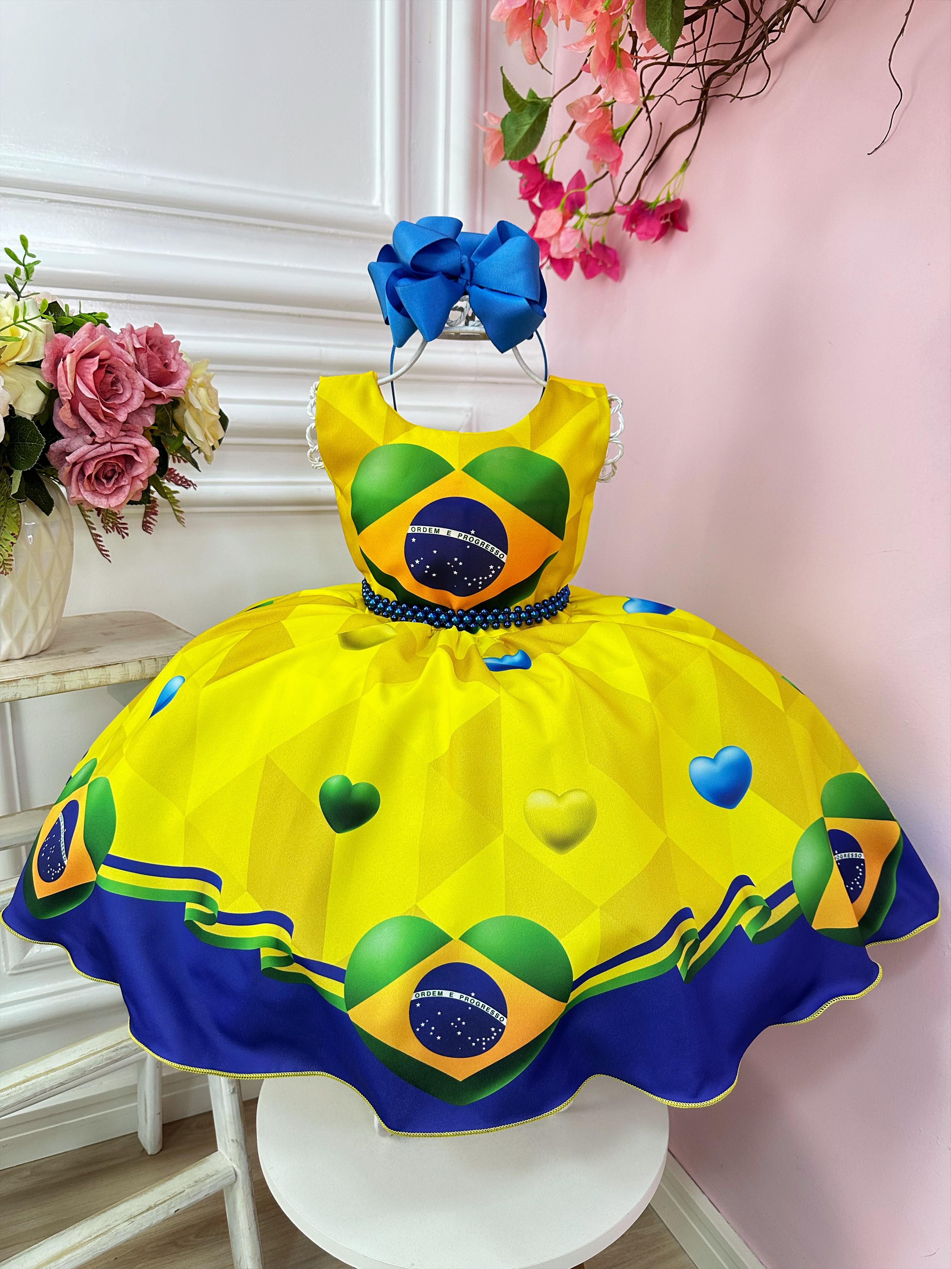 Vestido Infantil Temático Amarelo e Azul Brasil C/ Pérolas