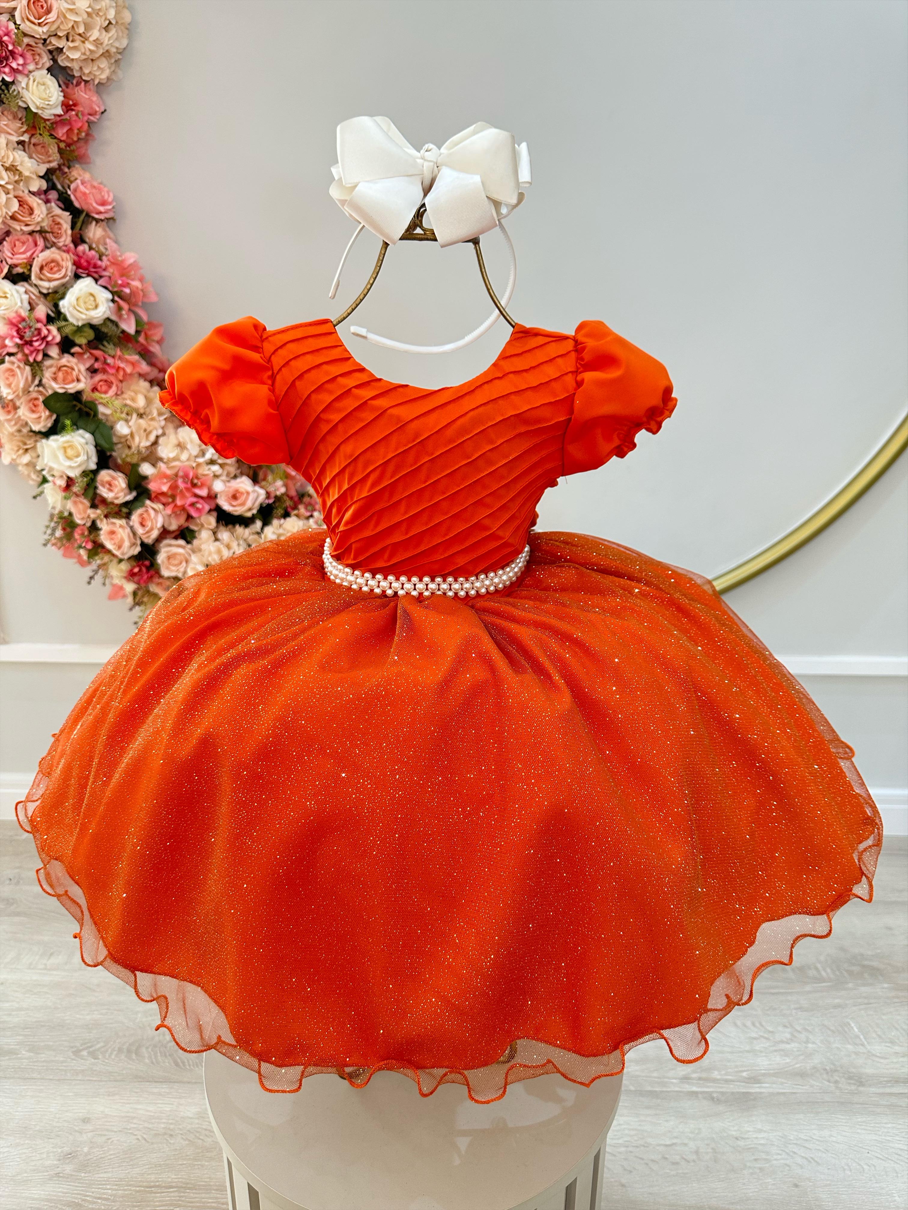 Vestido Infantil Terracota Busto Plissado Com Pérolas Luxo