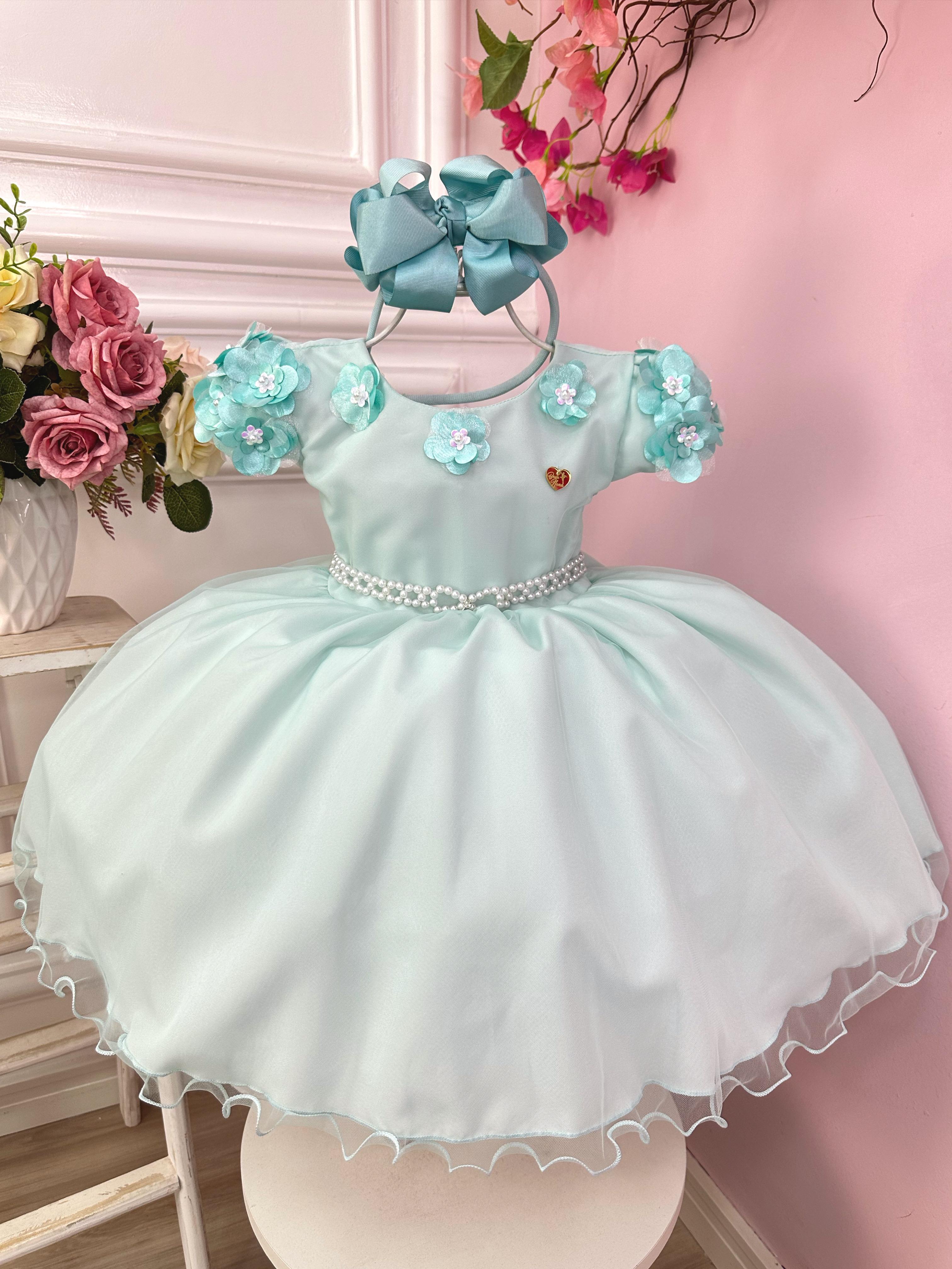 Vestido Infantil Verde Claro Com Apliques de Flores Daminha