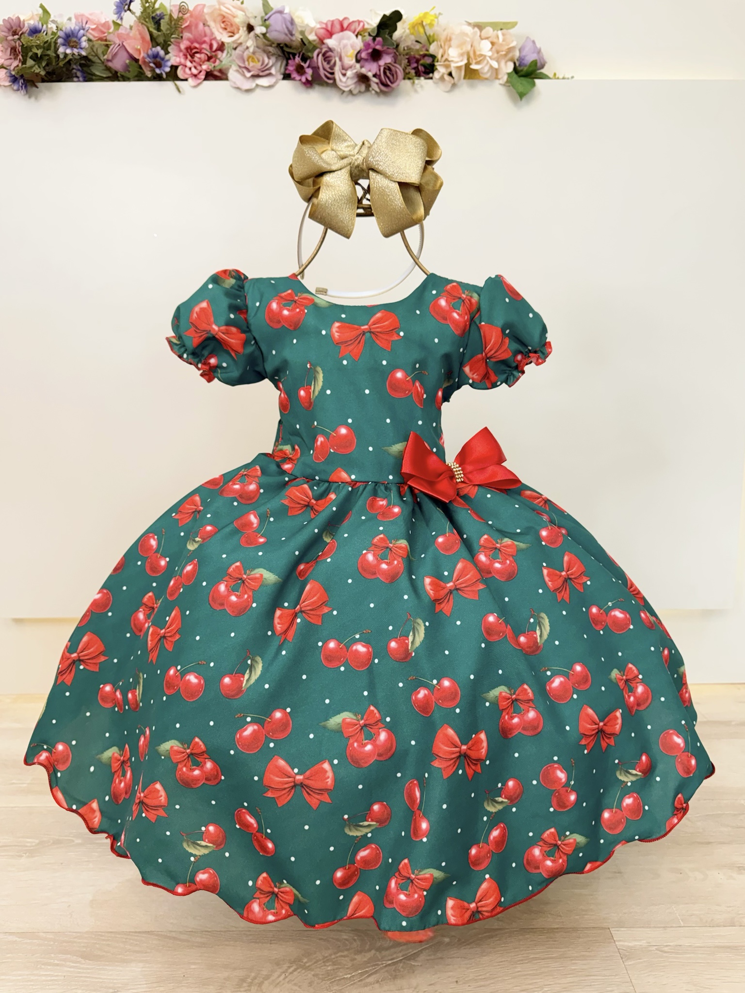 Vestido Infantil Verde Estampa Cereja Broche Daminhas Festas