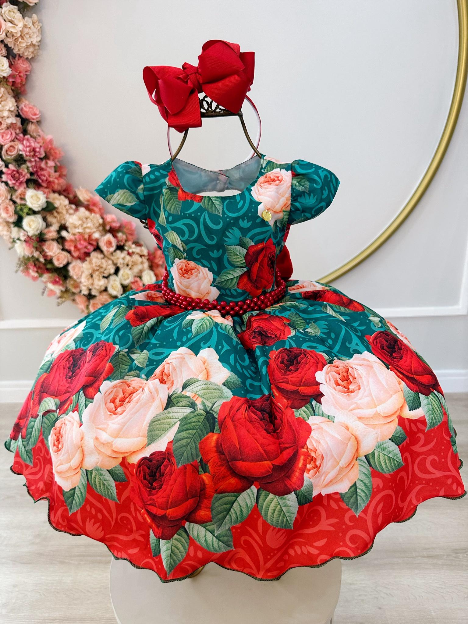 Vestido Infantil Verde Florido Com Cinto de Pérolas Natal