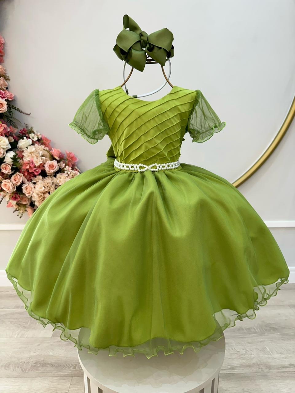 Vestido Infantil Verde Oliva C/ Busto Plissado Daminhas