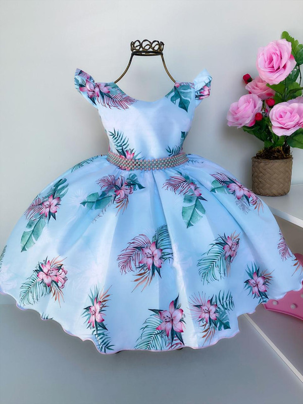 Vestido Infantil Verde Ramos de Flores Luxo Festas