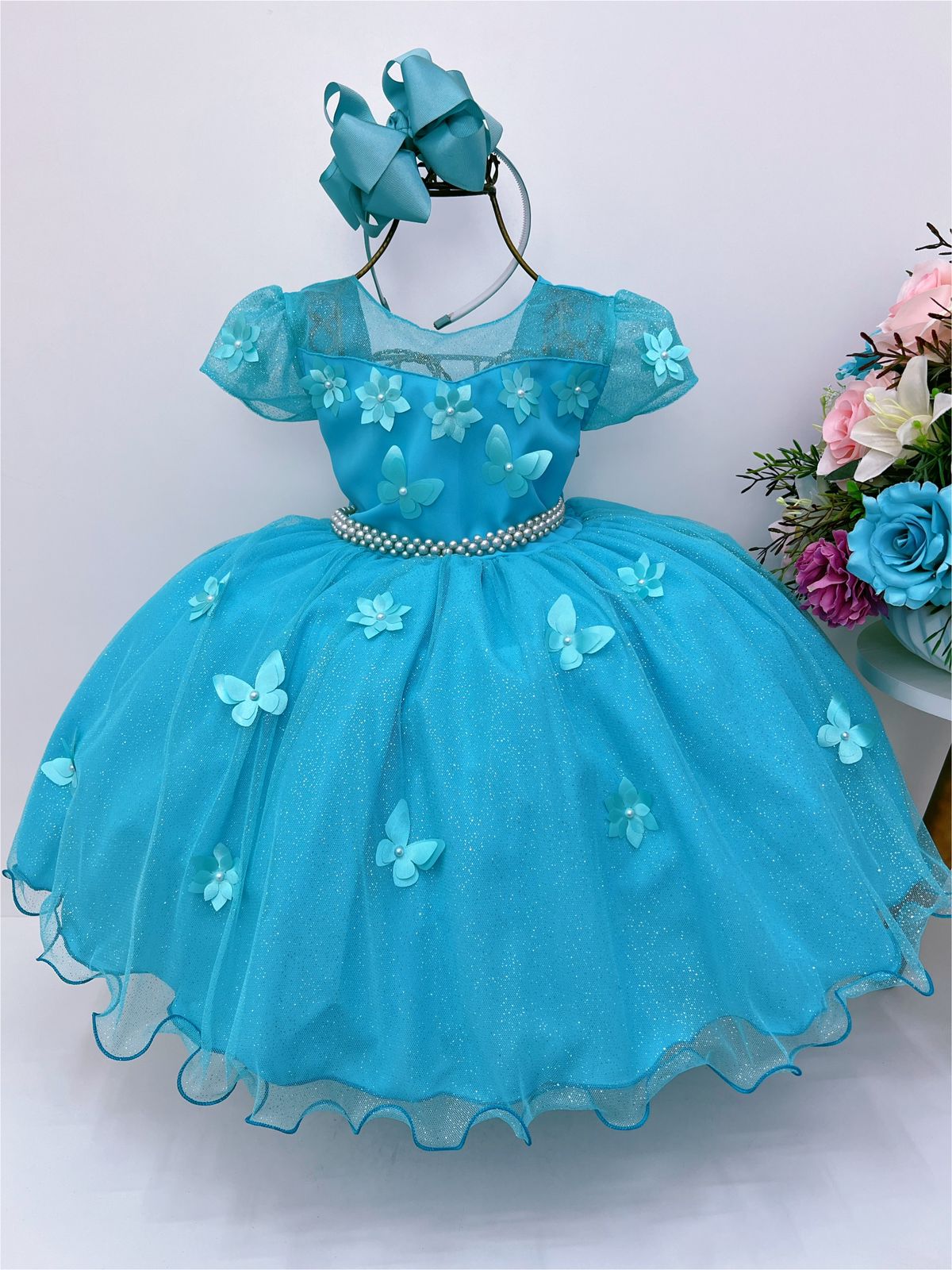 Vestido Infantil Azul Tiffany Aplique de Flores Borboletas