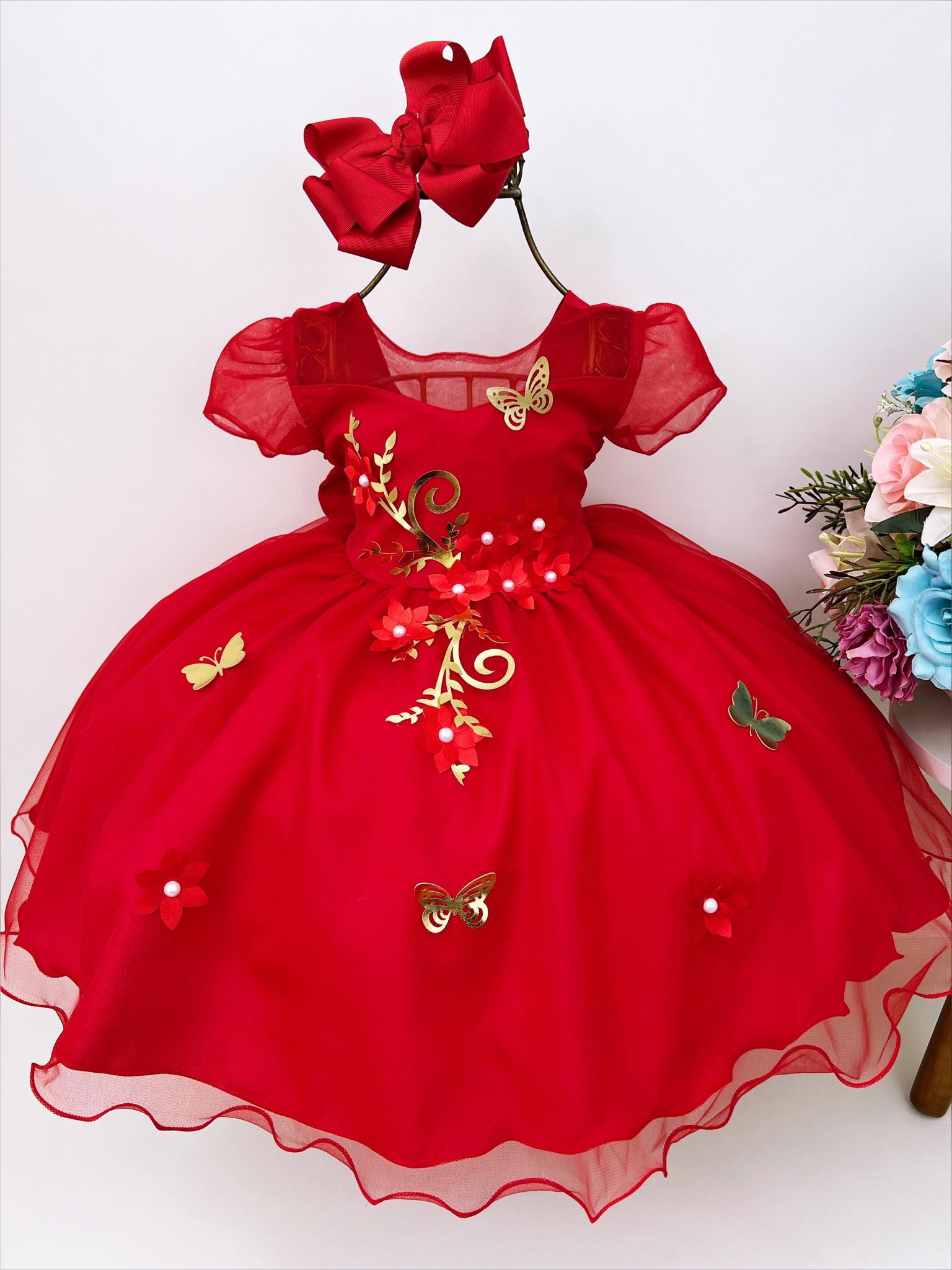 Vestido Infantil Vermelho Aplique Flores Borboletas Douradas