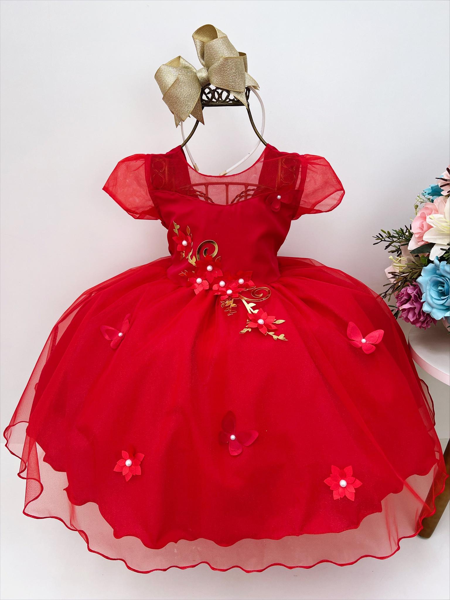 Vestido Infantil Vermelho Apliques Douradas e Flores Luxo