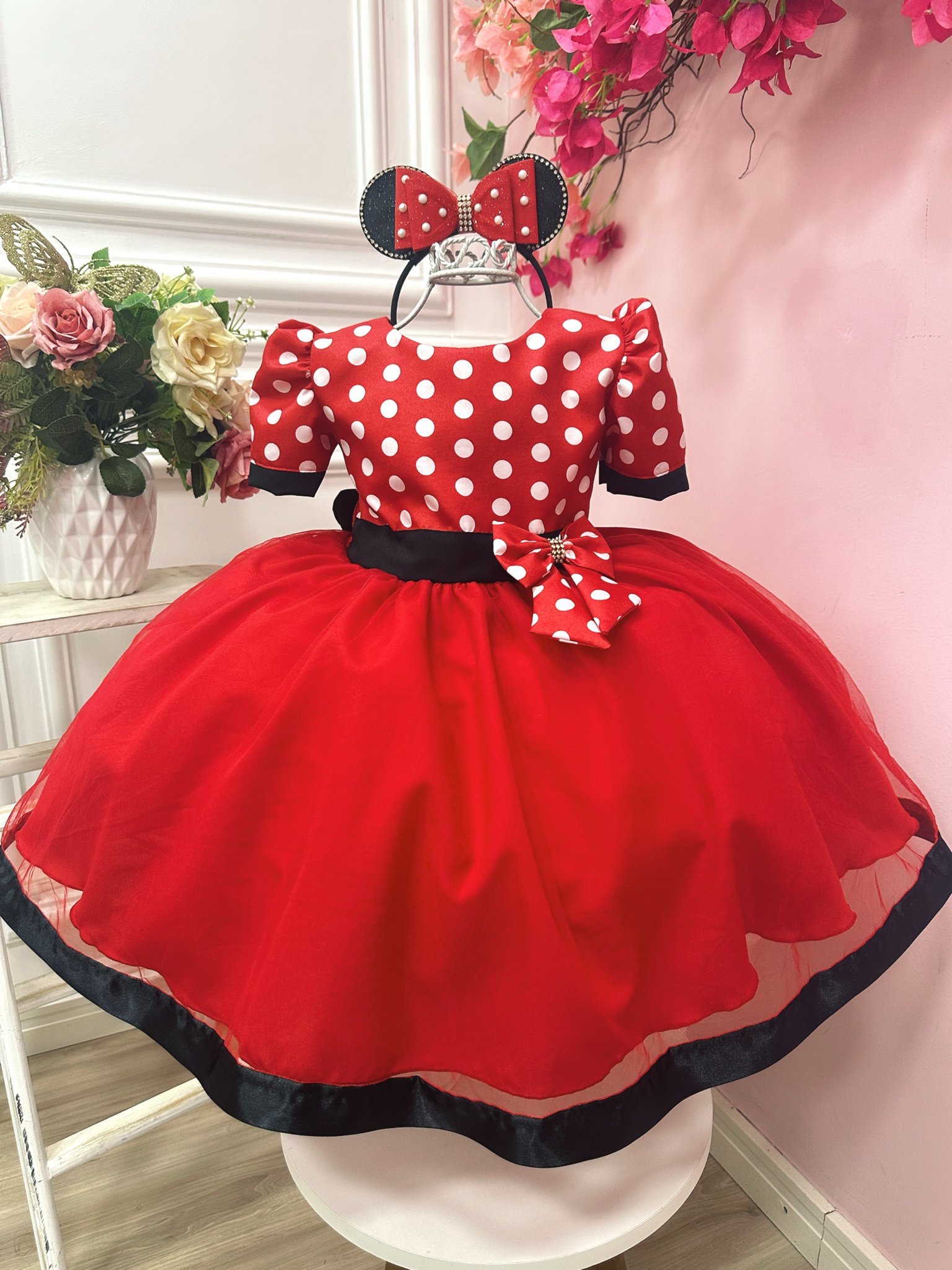 Vestido Infantil Vermelho Bolinhas Minnie Festas Aniversários