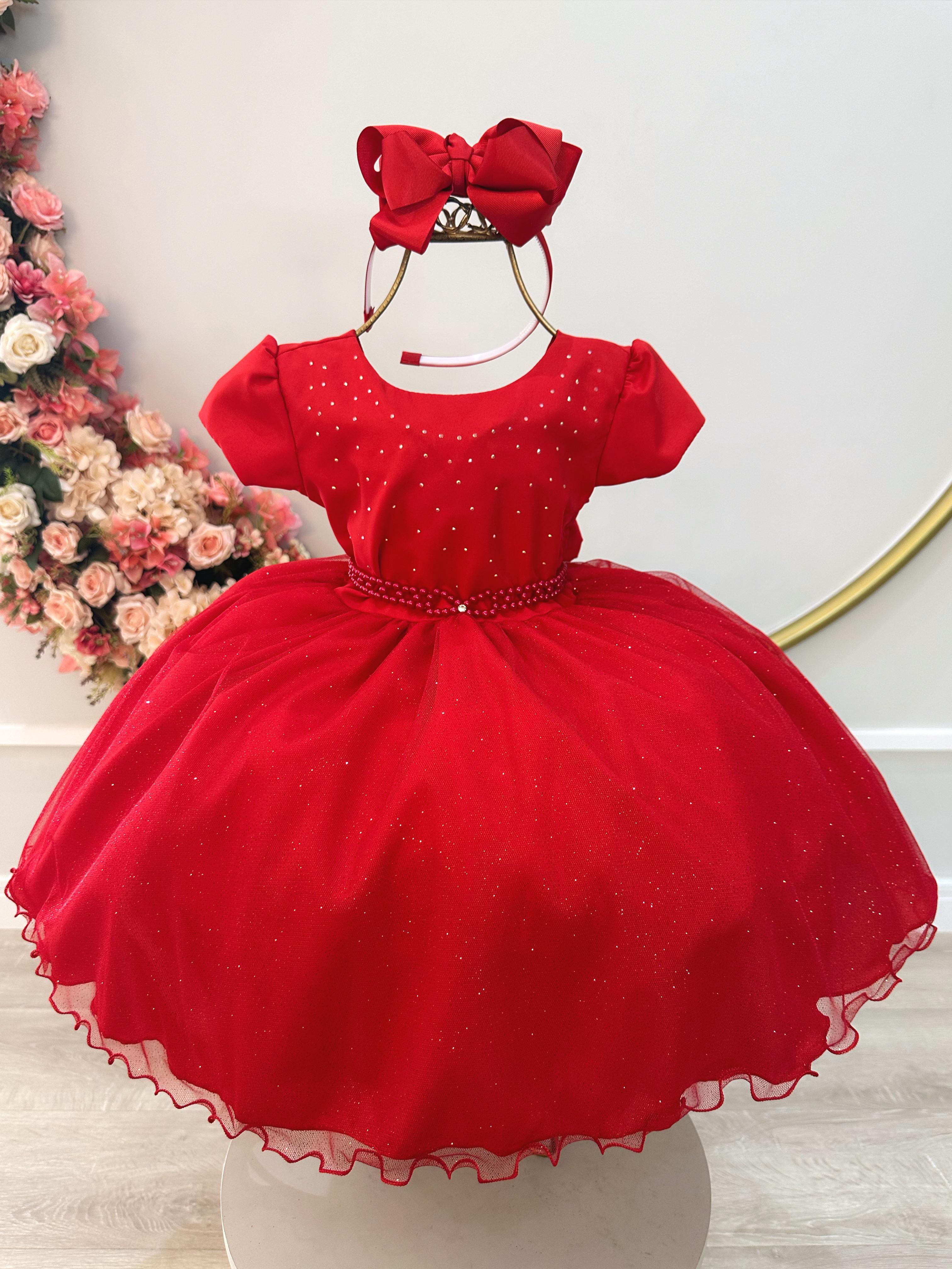 Vestido Infantil Vermelho Busto C/ Strass Festas Daminhas