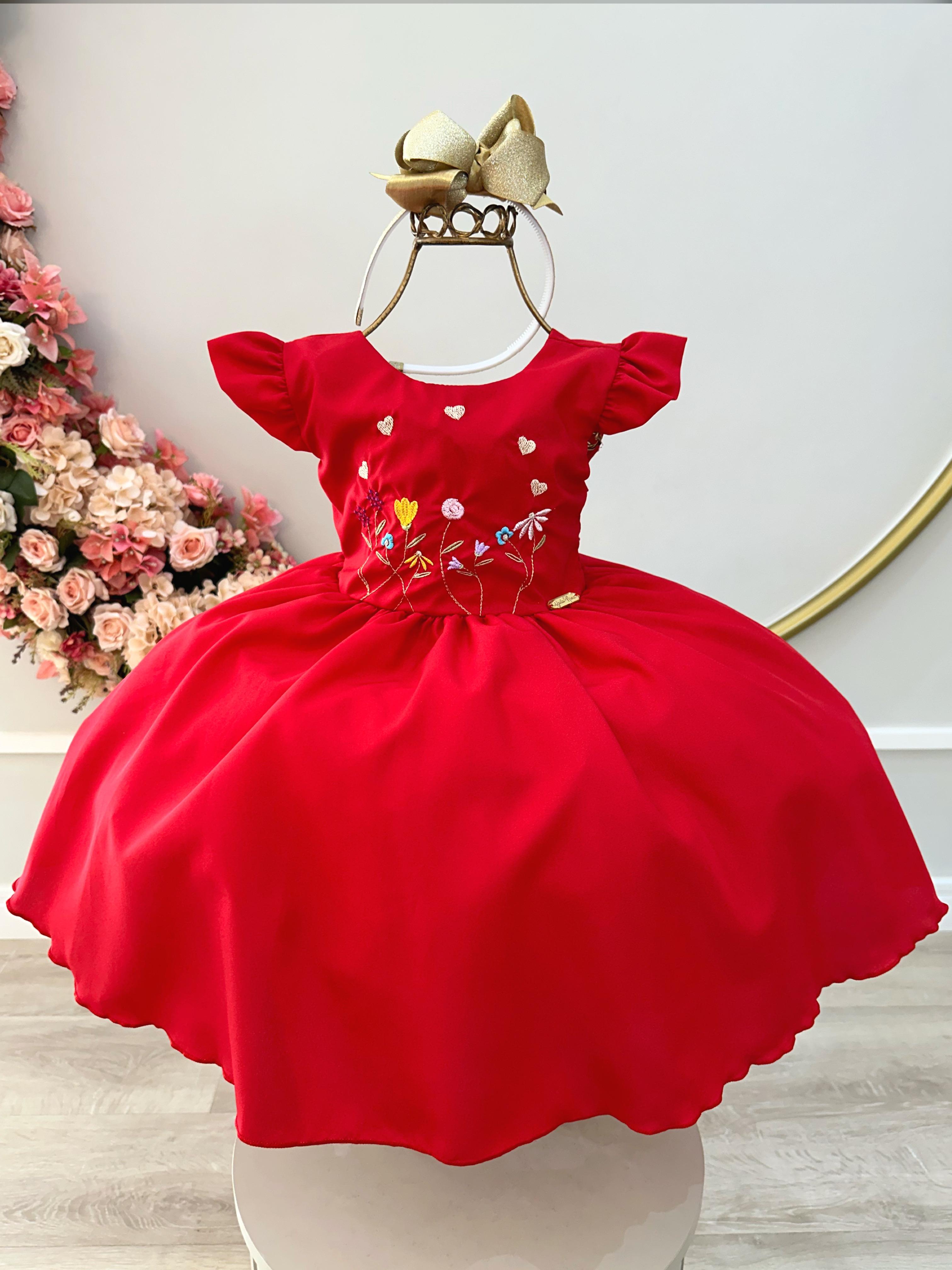 Vestido Infantil Vermelho Busto Com Bordado Festas Luxo