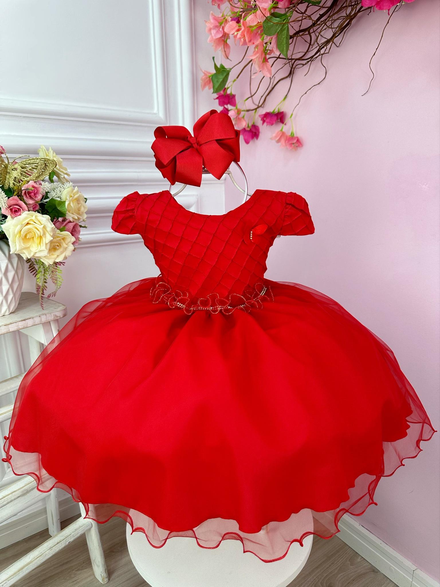 Vestido Infantil Vermelho Busto Nervura Flores Strass Natal