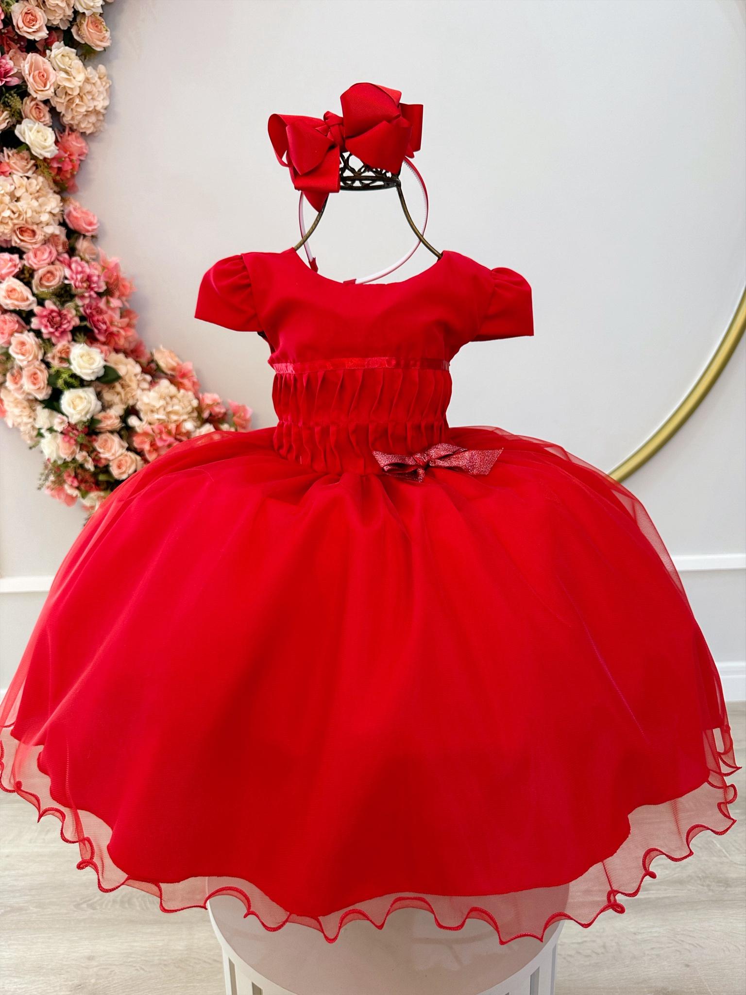 Vestido Infantil Vermelho Busto Plissado Lacinho Natal Festa