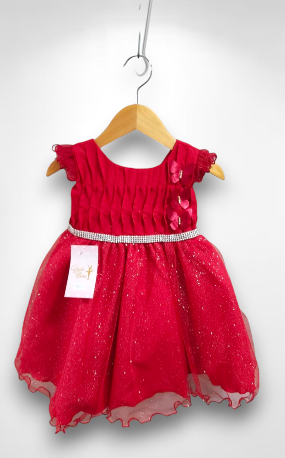 Vestido Infantil Vermelho Busto Plissado Saia Organza Glitter