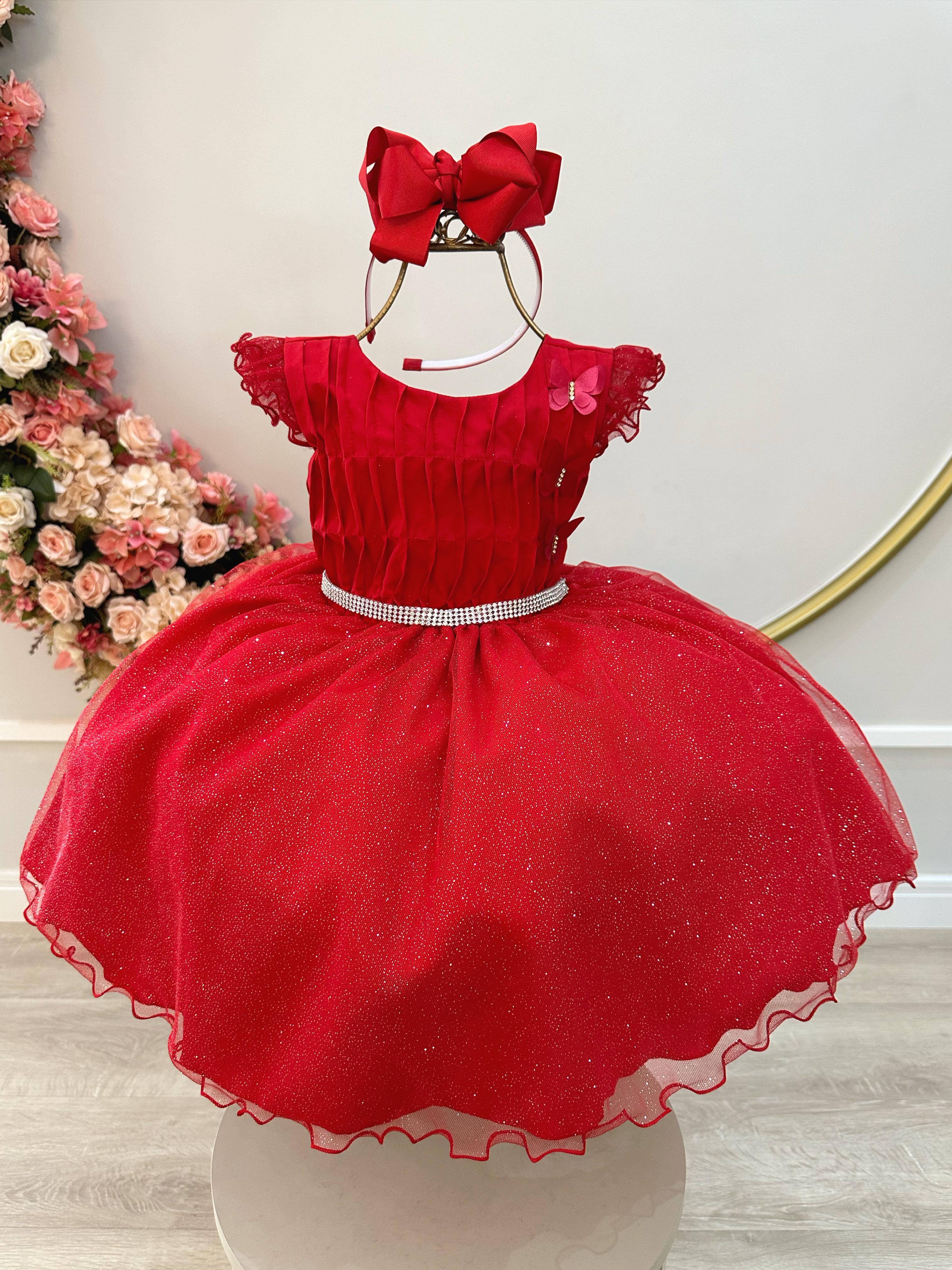 Vestido Infantil Vermelho Busto Plissado Saia Organza Glitter