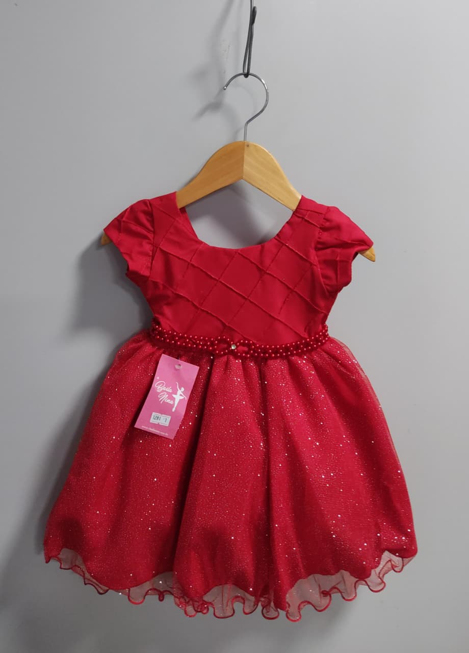 Vestido Infantil Vermelho C/ Busto Nervura Daminhas Festas
