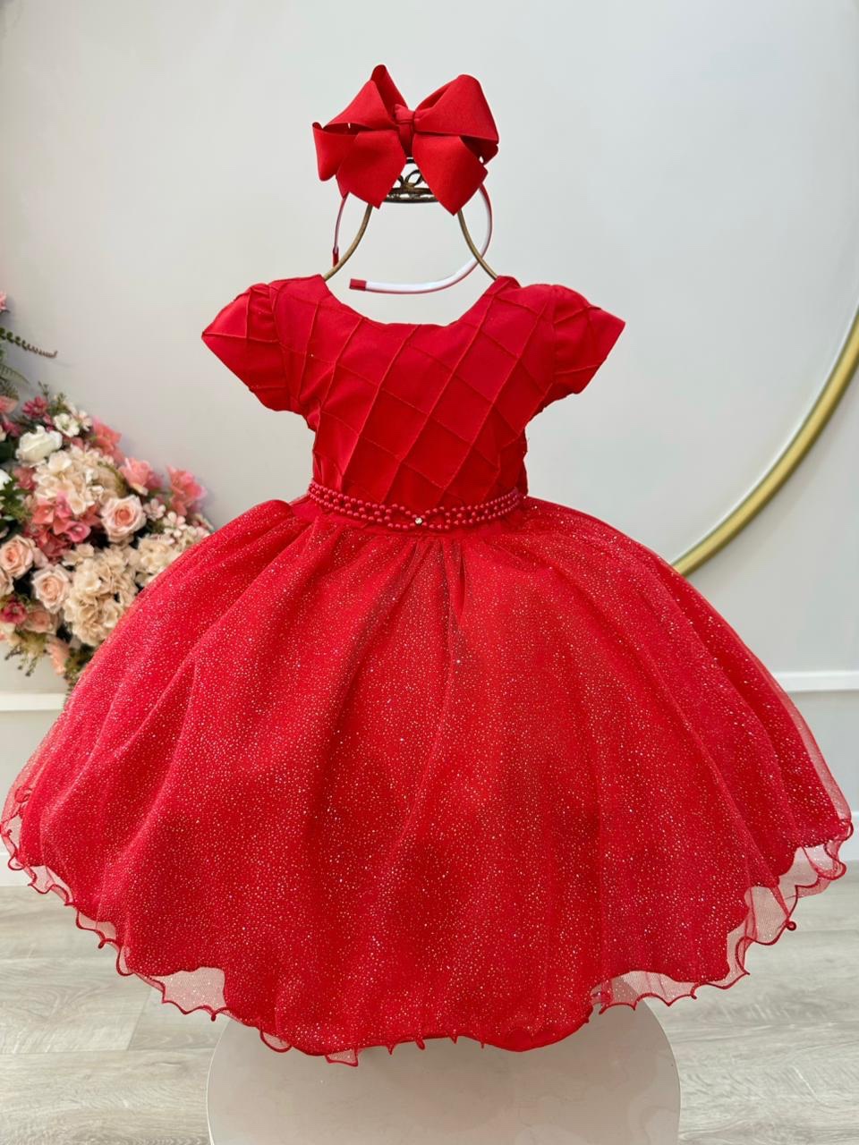 Vestido Infantil Vermelho C/ Busto Nervura Daminhas Festas