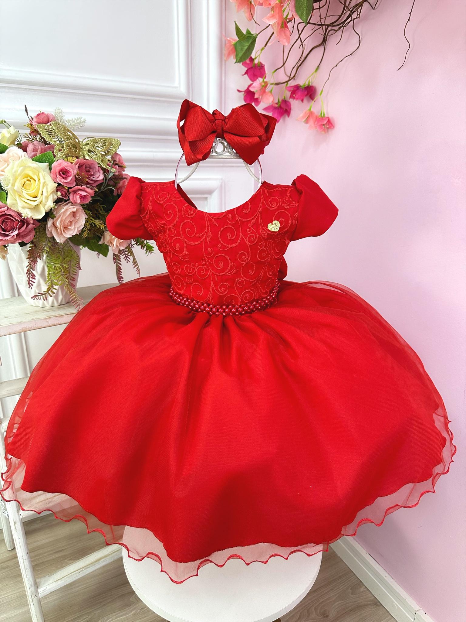 Vestido Infantil Vermelho C/ Renda e Cinto de Pérolas Festas