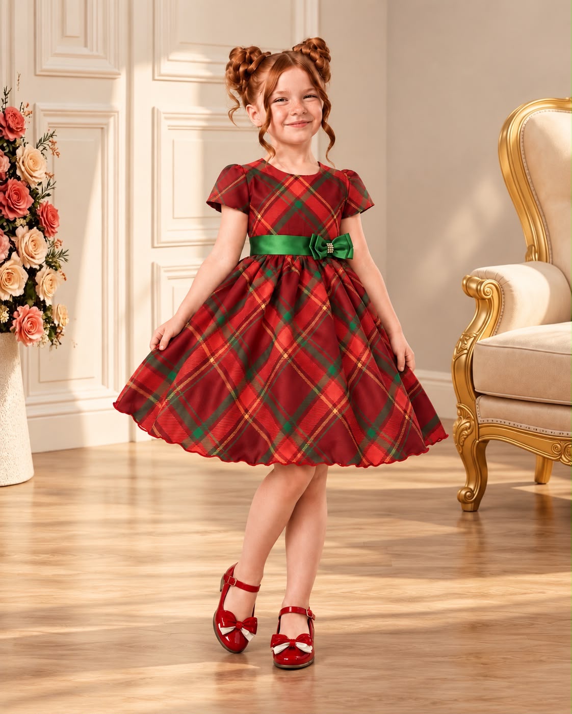 Vestido Infantil Vermelho C/ Xadrez Natal Festas Luxo