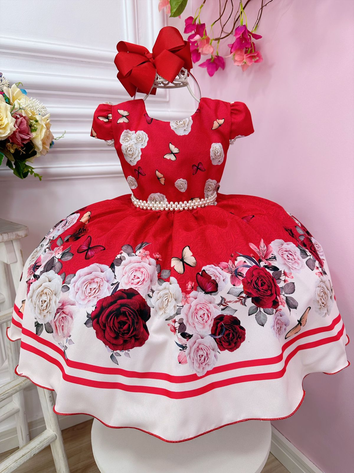 Vestido Infantil Vermelho Jardim das Borboletas C/ Pérolas