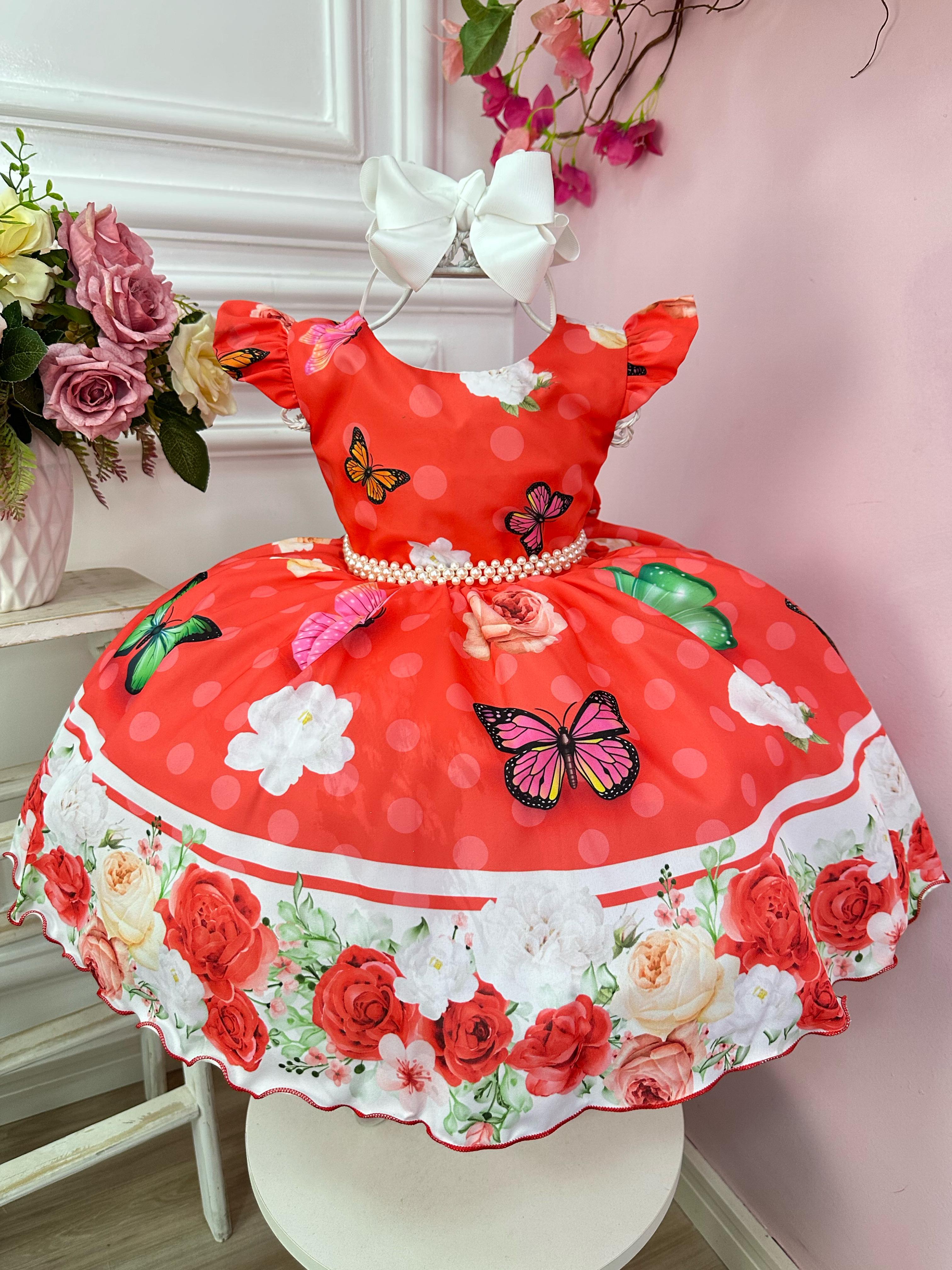 Vestido Infantil Vermelho Jardim das Borboletas Pérolas