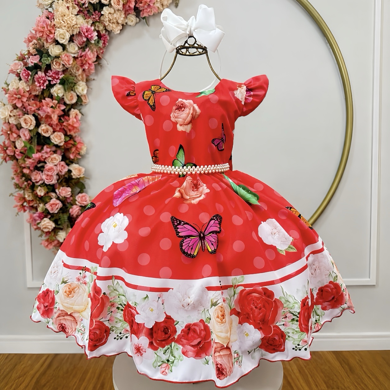 Vestido Infantil Poliéster Vermelho Jardim das Borboletas Pérolas Natal
