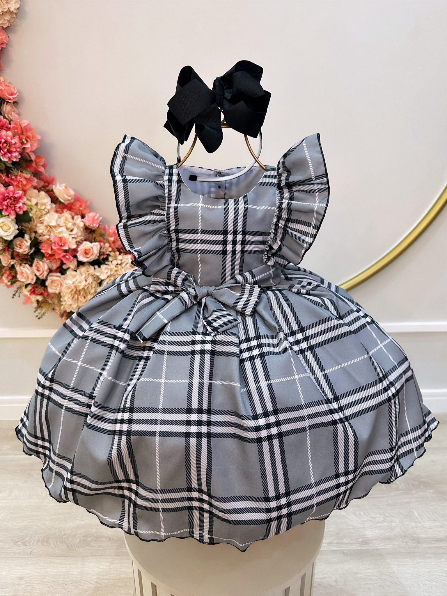 Vestido Infantil Xadrez Cinza Tartan Festas Luxo