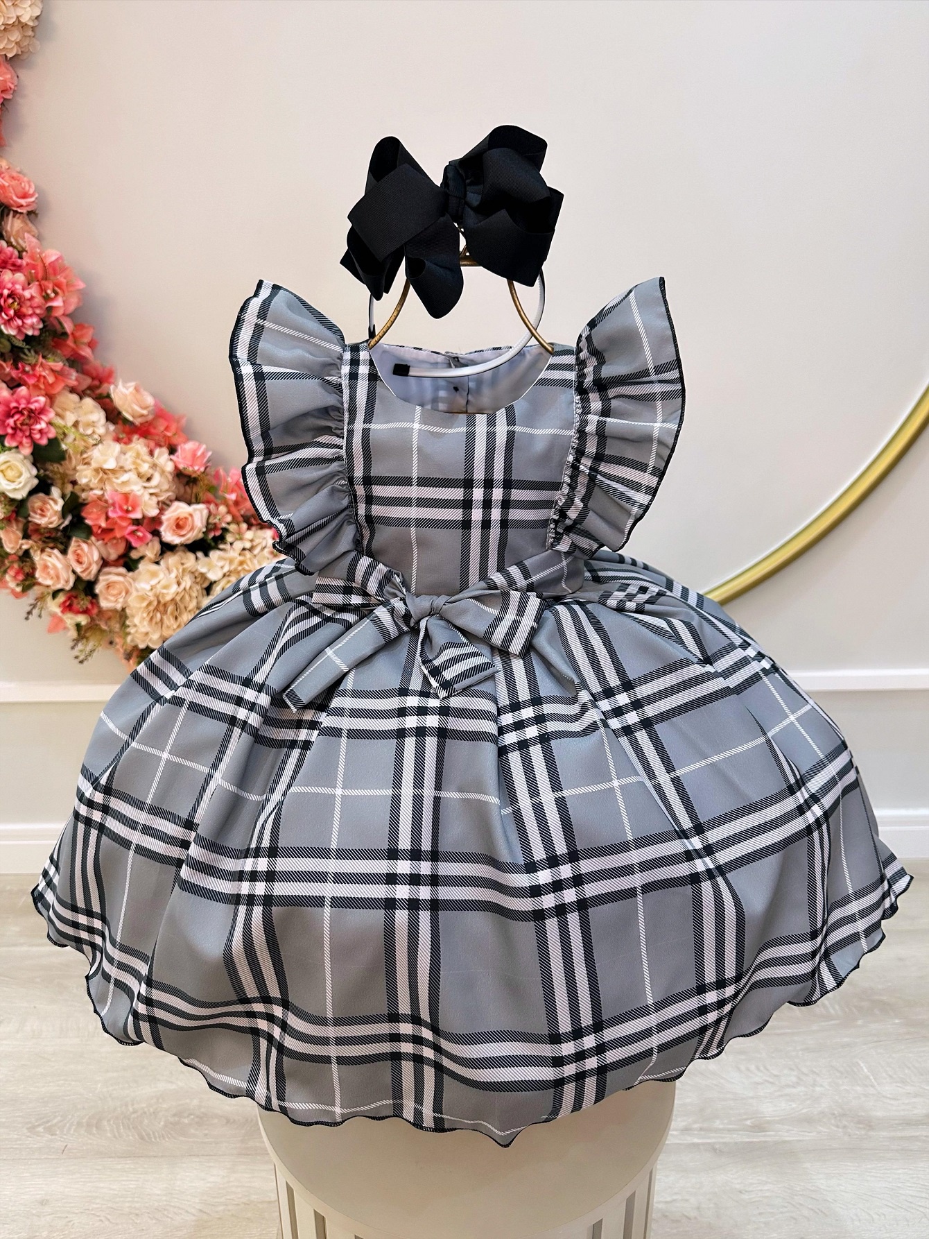 Vestido Infantil Xadrez Cinza Tartan Festas Luxo
