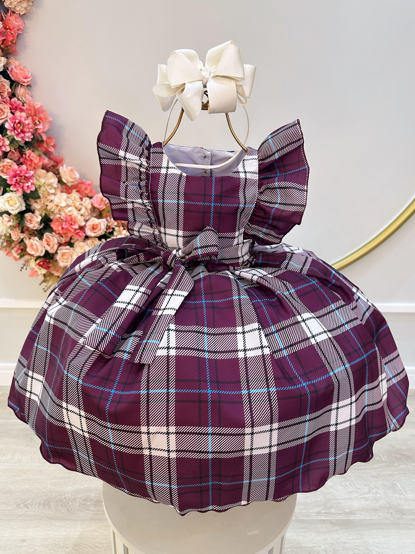 Vestido Infantil Xadrez Tartan Marsala Luxo