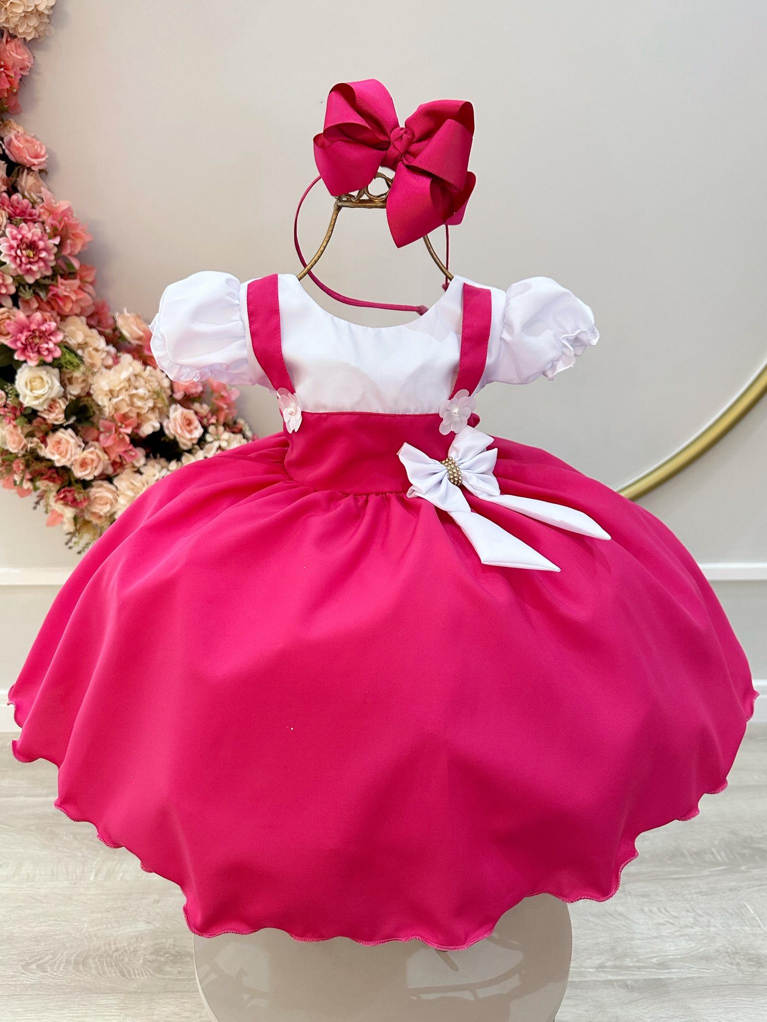 Vestido Jardineira Infantil Pink Lenço e Broche de Laço