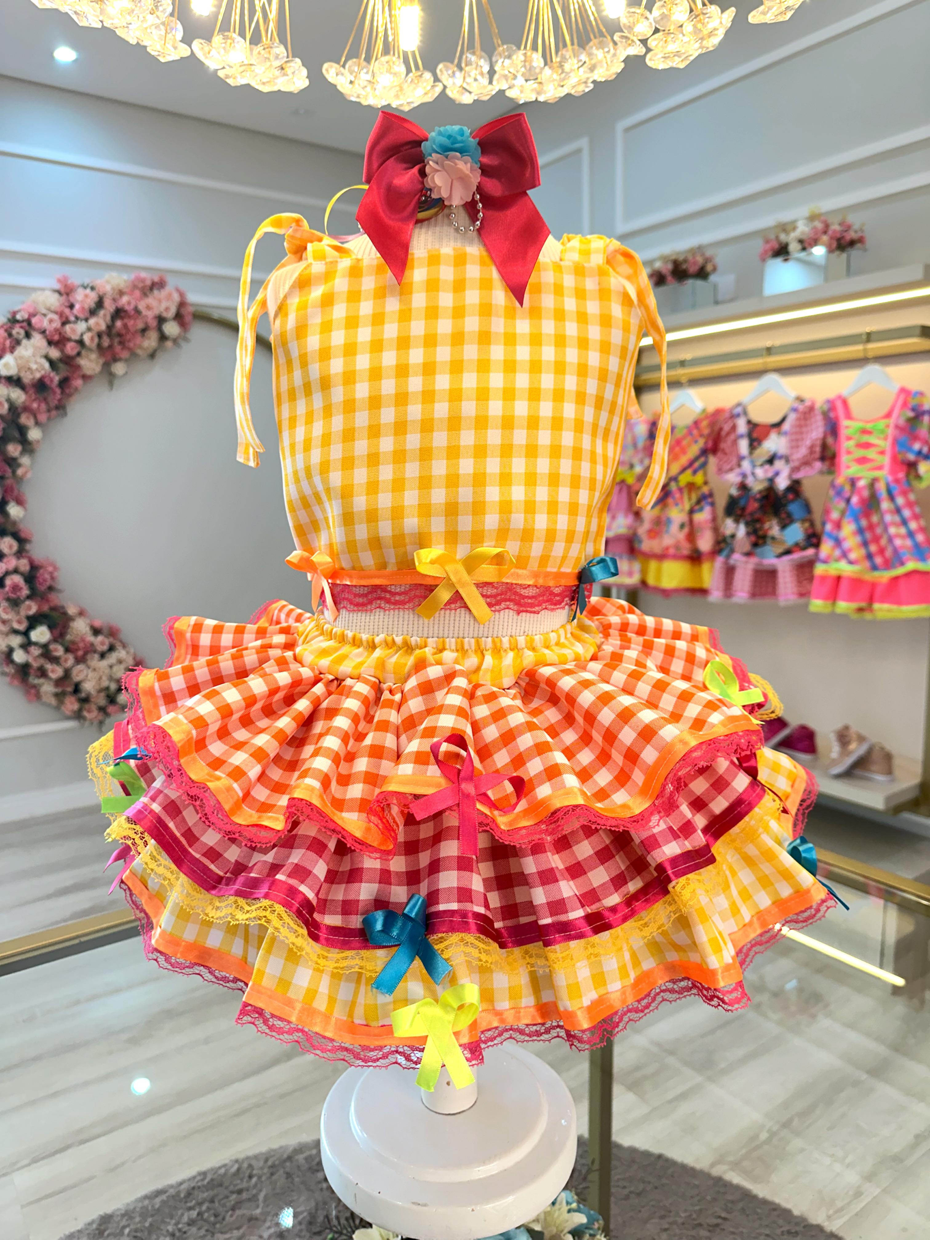 Conjunto Meninas Junino Cropped C/ Saia Amarelo Xadrez Colorido