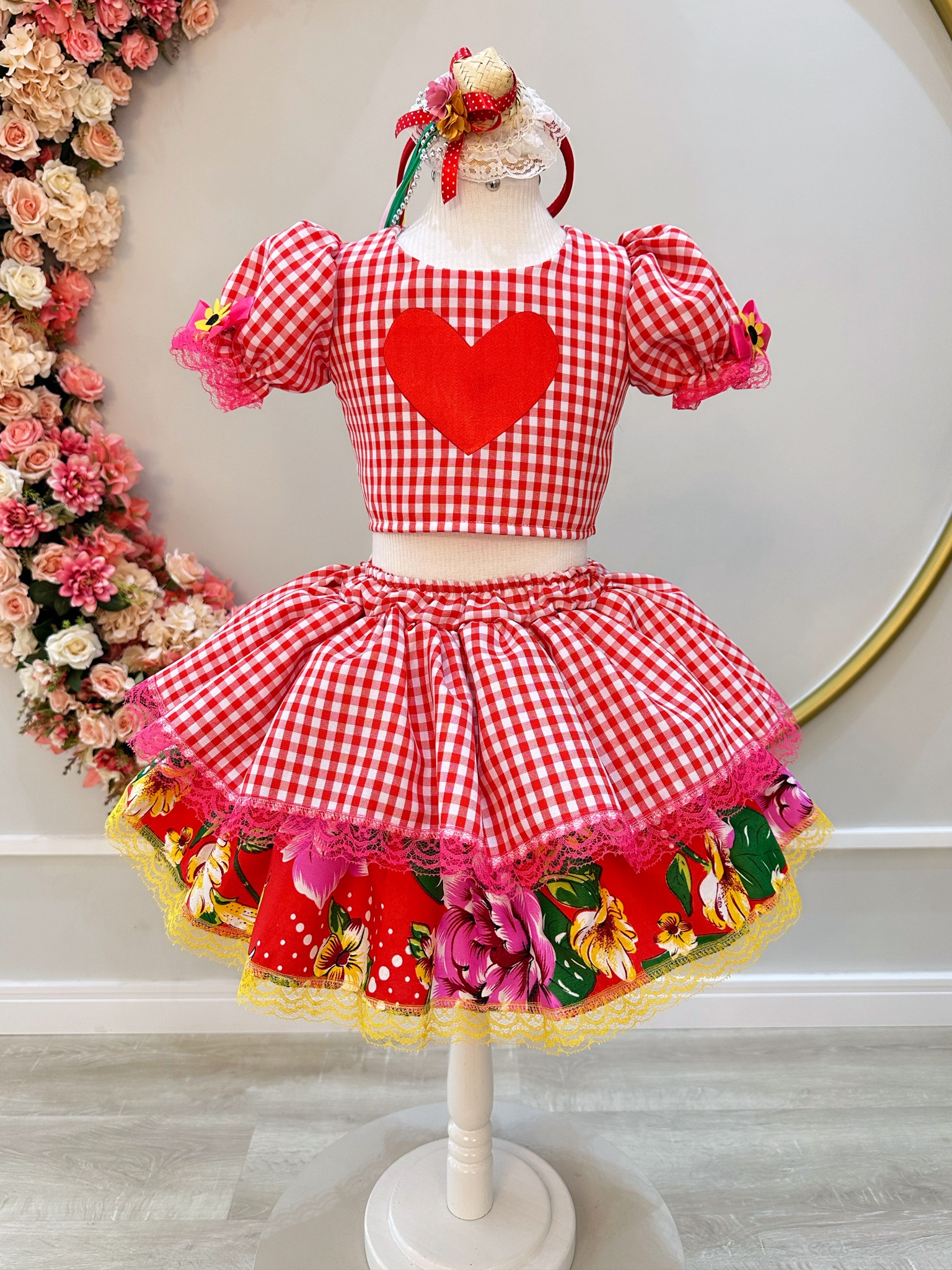Conjunto Meninas Junino Xadrez Vermelho Com Saia Cropped