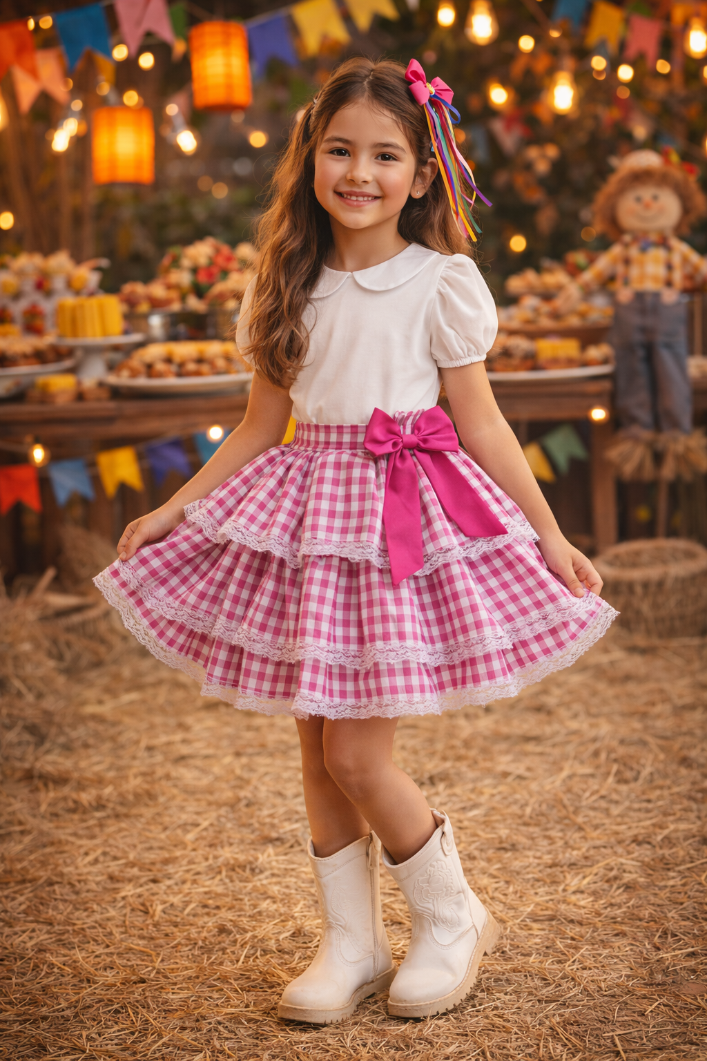 Saia Junina Arraiá Festas Pink Xadrez