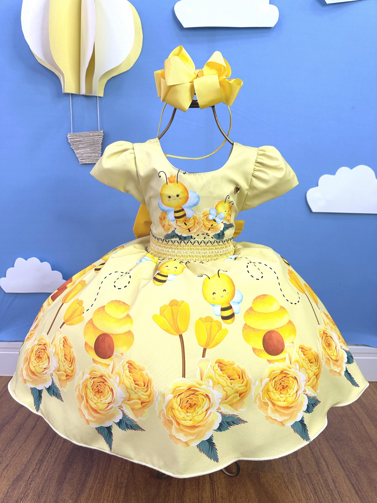Vestido Infantil Amarelo Abelhinha Mel Florido Festas