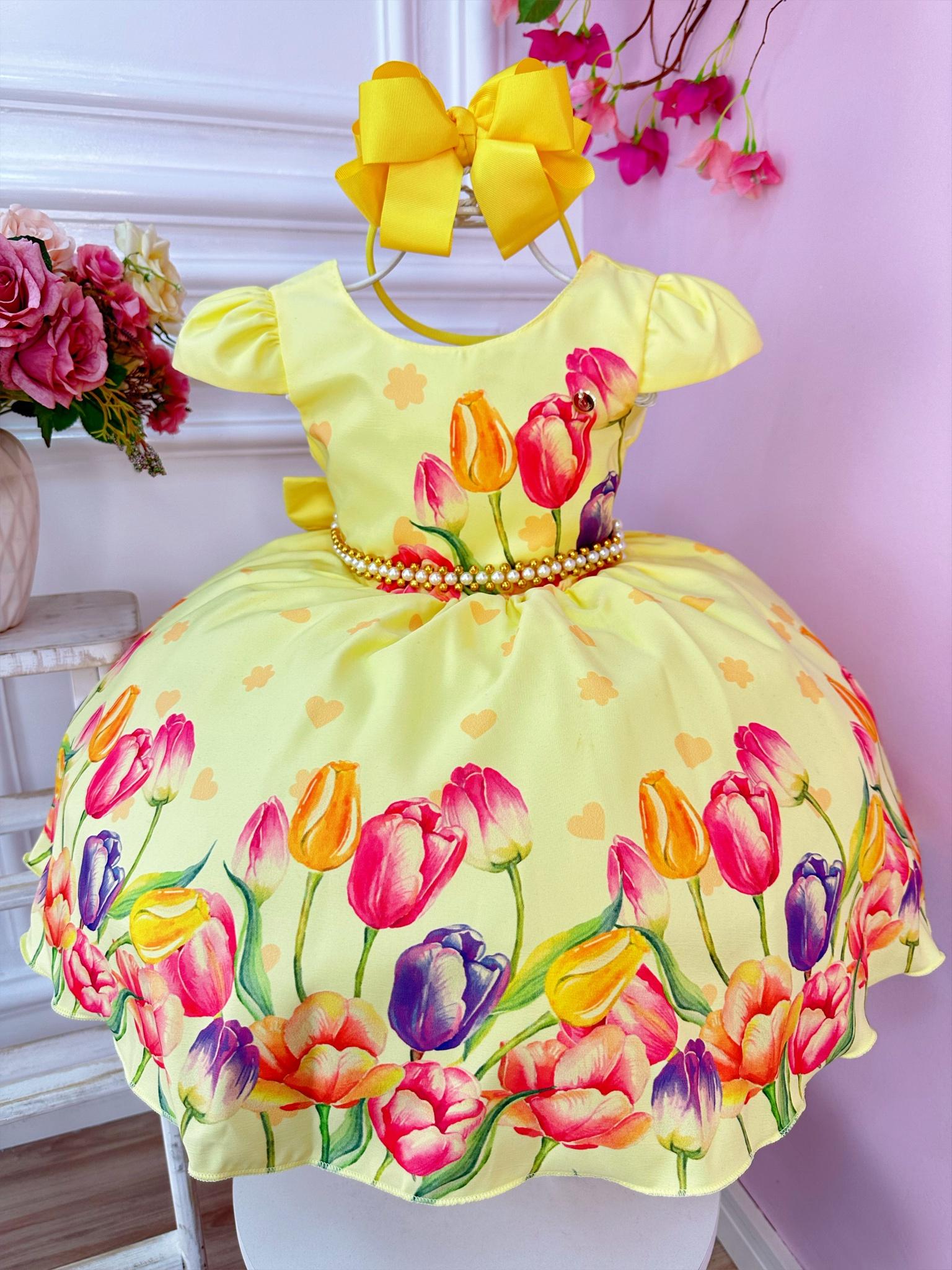 Vestido Infantil Amarelo Flores Tulipas Cinto Pérolas Luxo